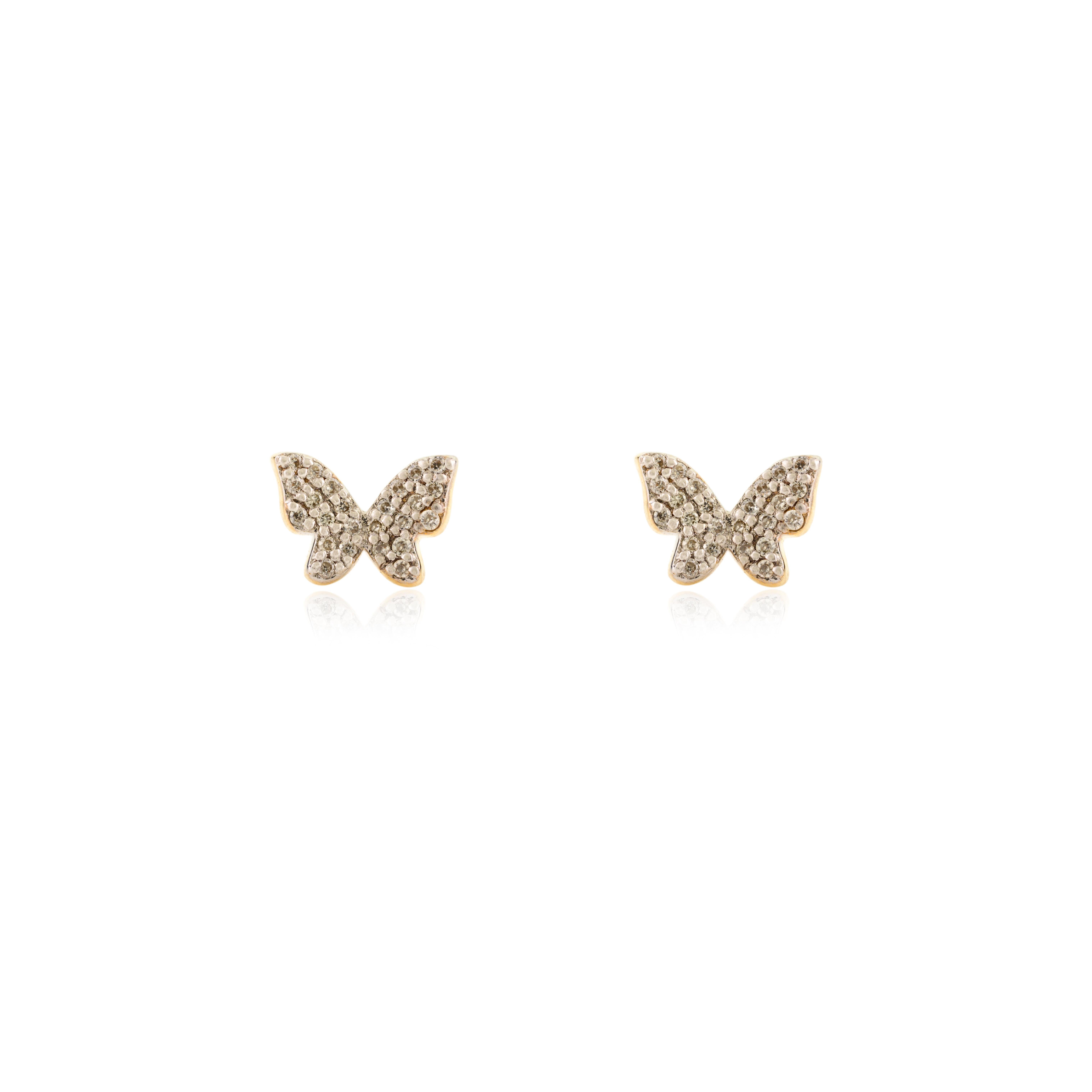 Taille ronde Boucles d'oreilles papillon en or 18k avec 0.089ct de diamant Cadeau parfait pour une fille en vente