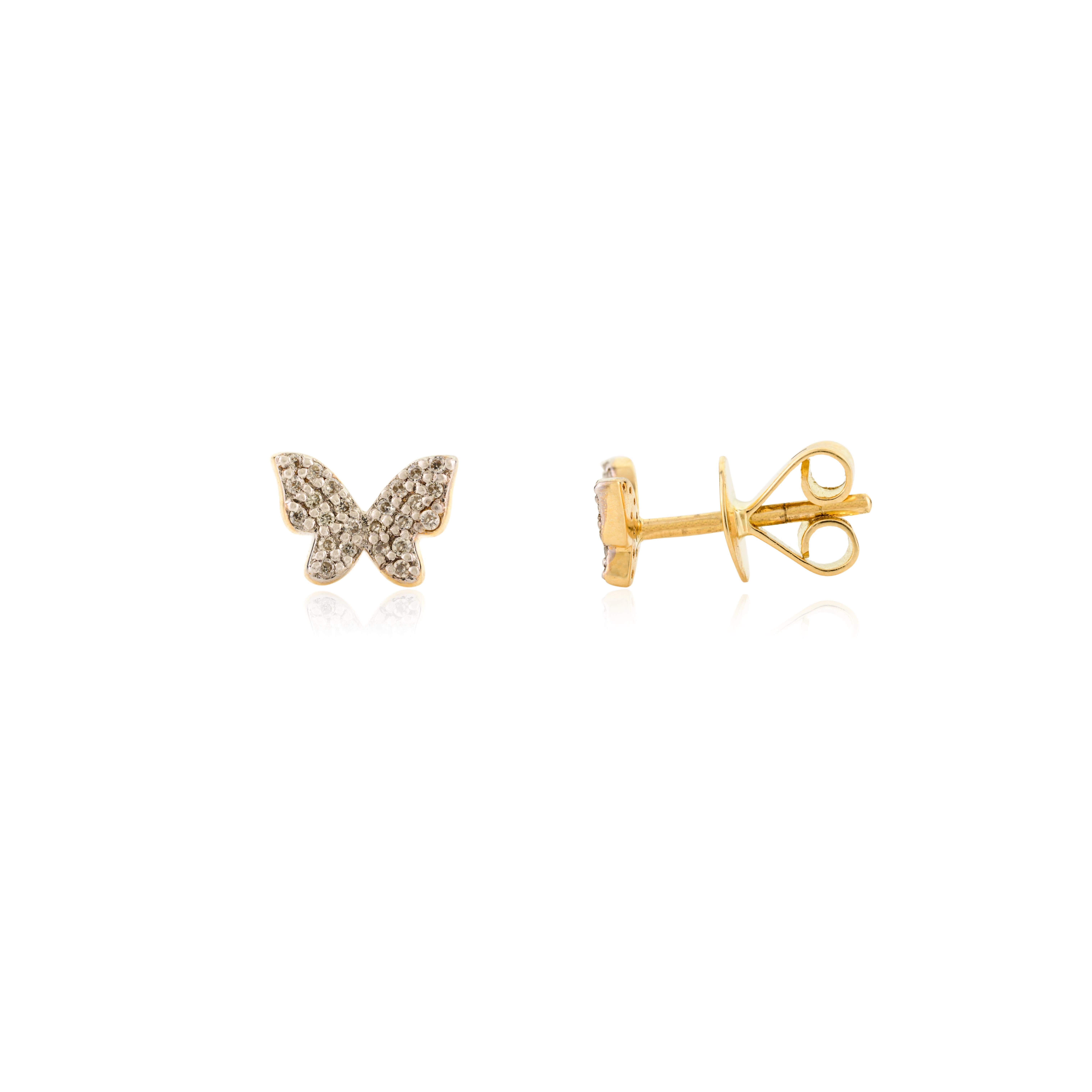 Boucles d'oreilles papillon en or 18k avec 0.089ct de diamant Cadeau parfait pour une fille Pour femmes en vente