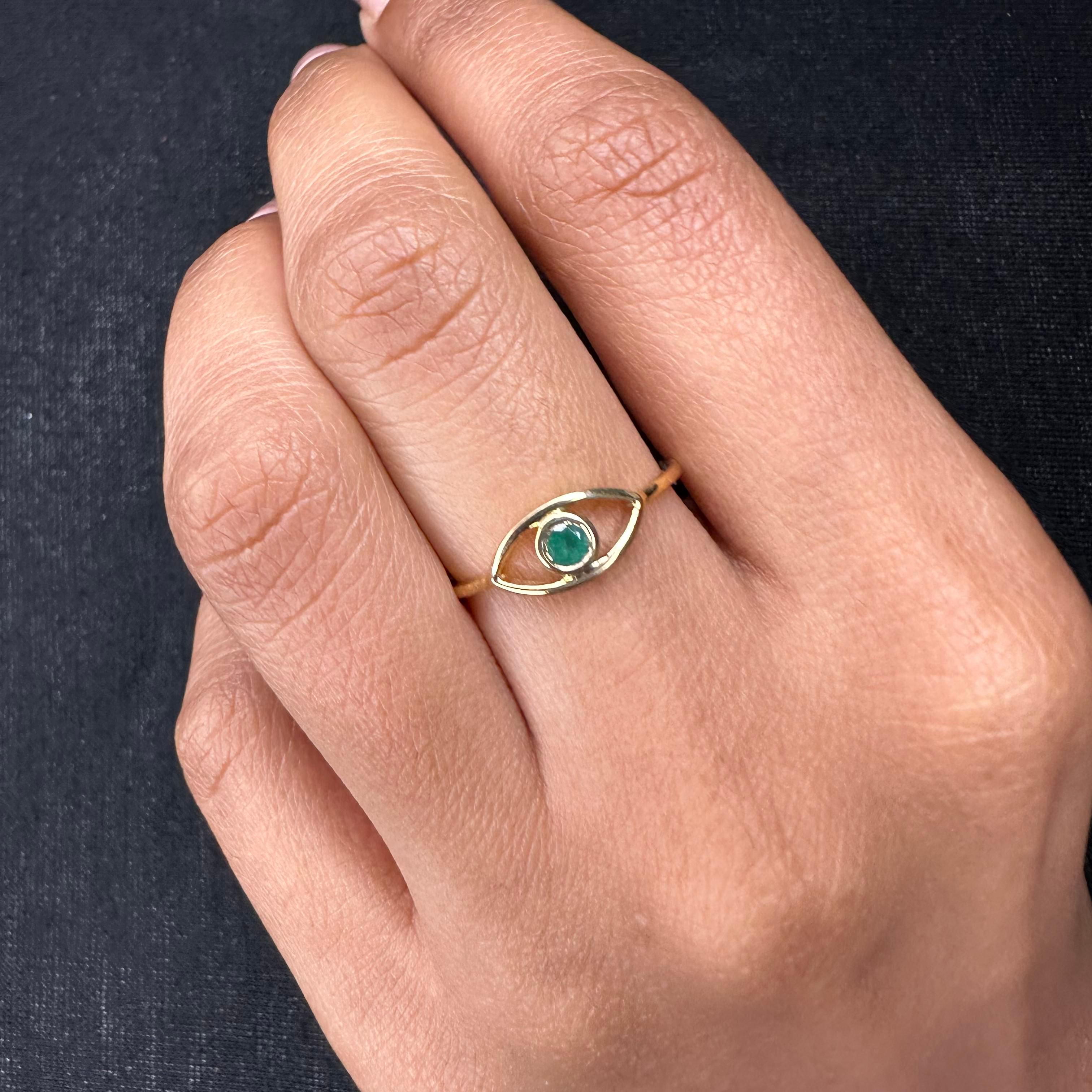 For Sale:  Dainty 0.1 Carat Emerald Evil Eye Stacking Ring 18 Karat Solid Yellow Gold 3
