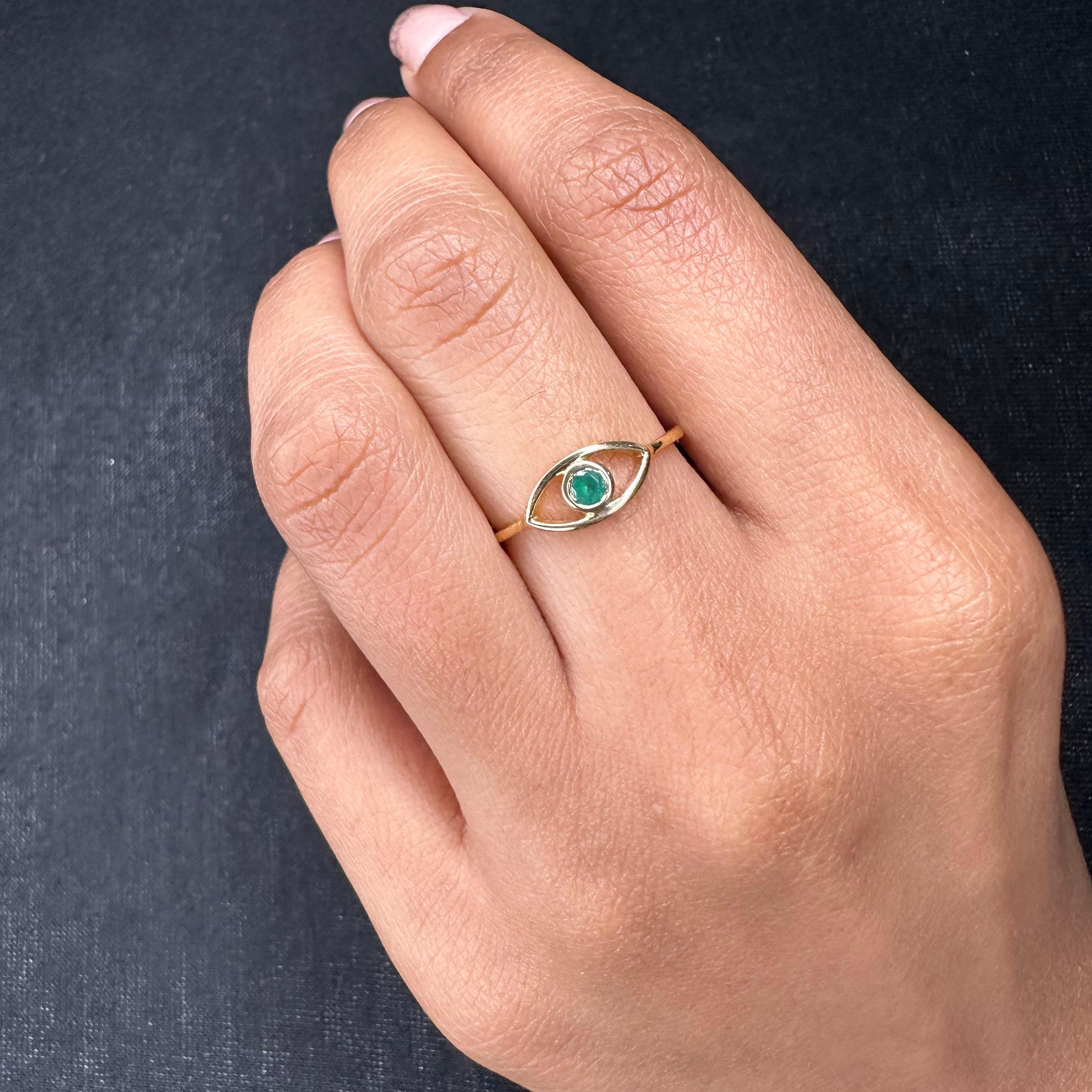 For Sale:  Dainty 0.1 Carat Emerald Evil Eye Stacking Ring 18 Karat Solid Yellow Gold 5