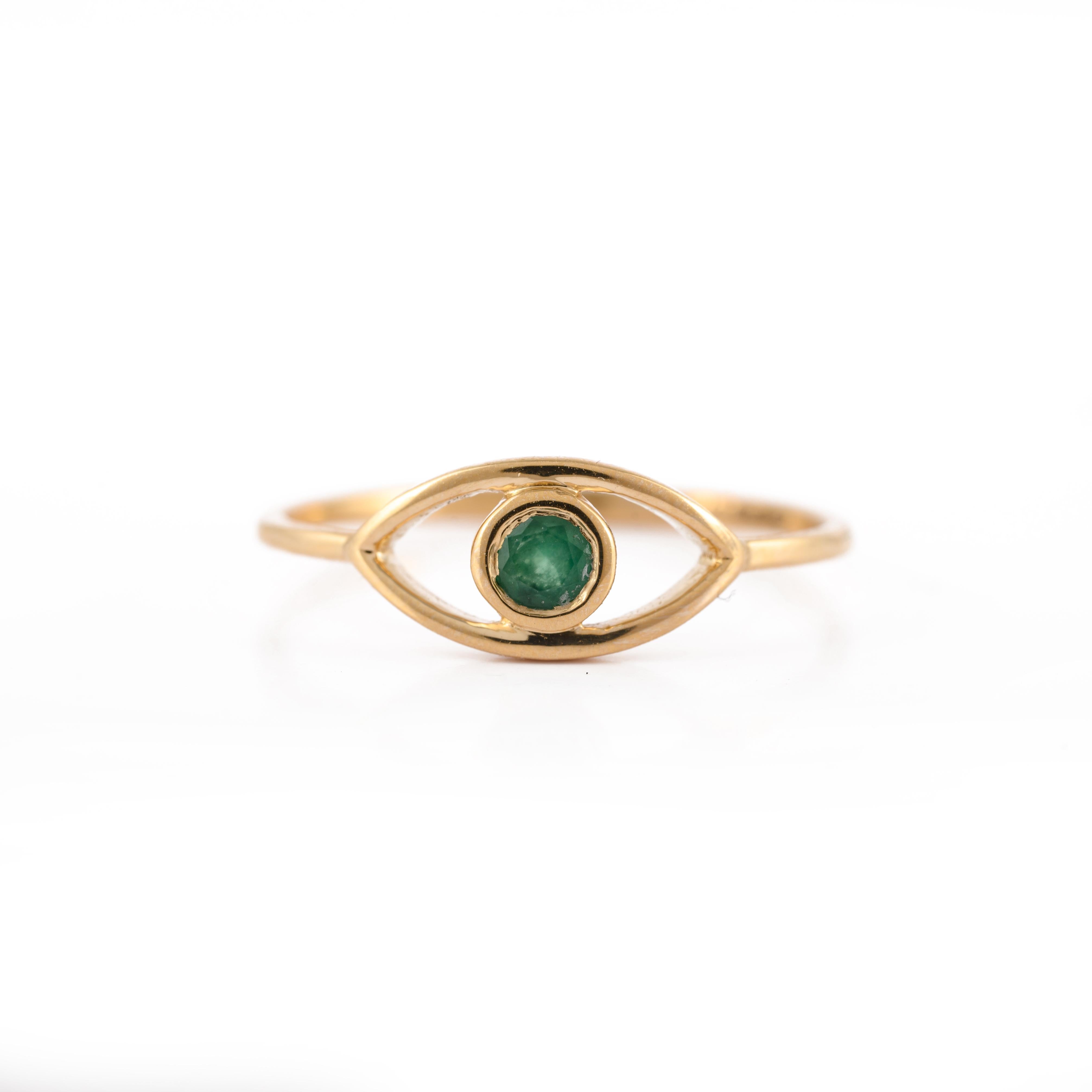 For Sale:  Dainty 0.1 Carat Emerald Evil Eye Stacking Ring 18 Karat Solid Yellow Gold 2