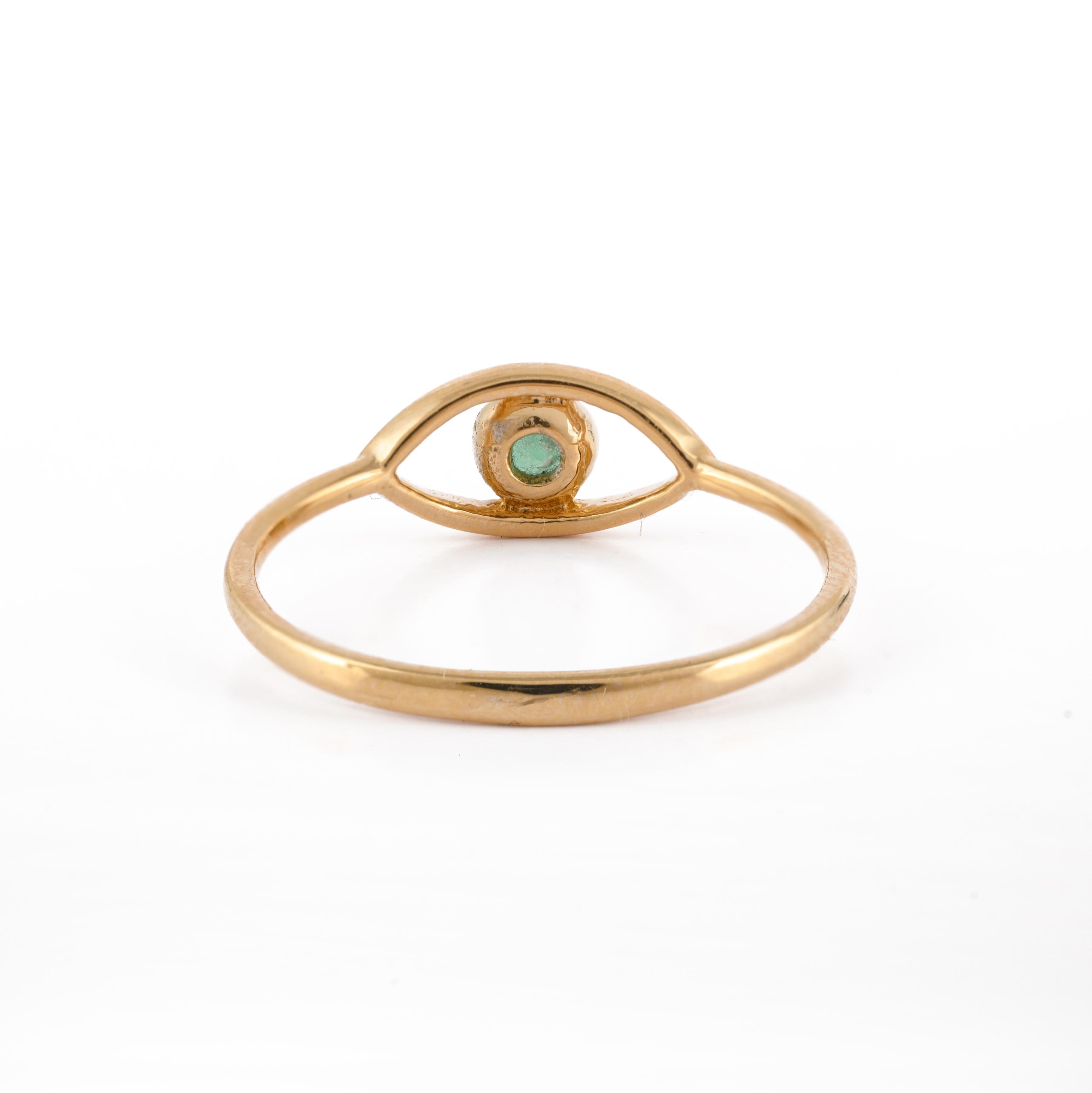 For Sale:  Dainty 0.1 Carat Emerald Evil Eye Stacking Ring 18 Karat Solid Yellow Gold 6