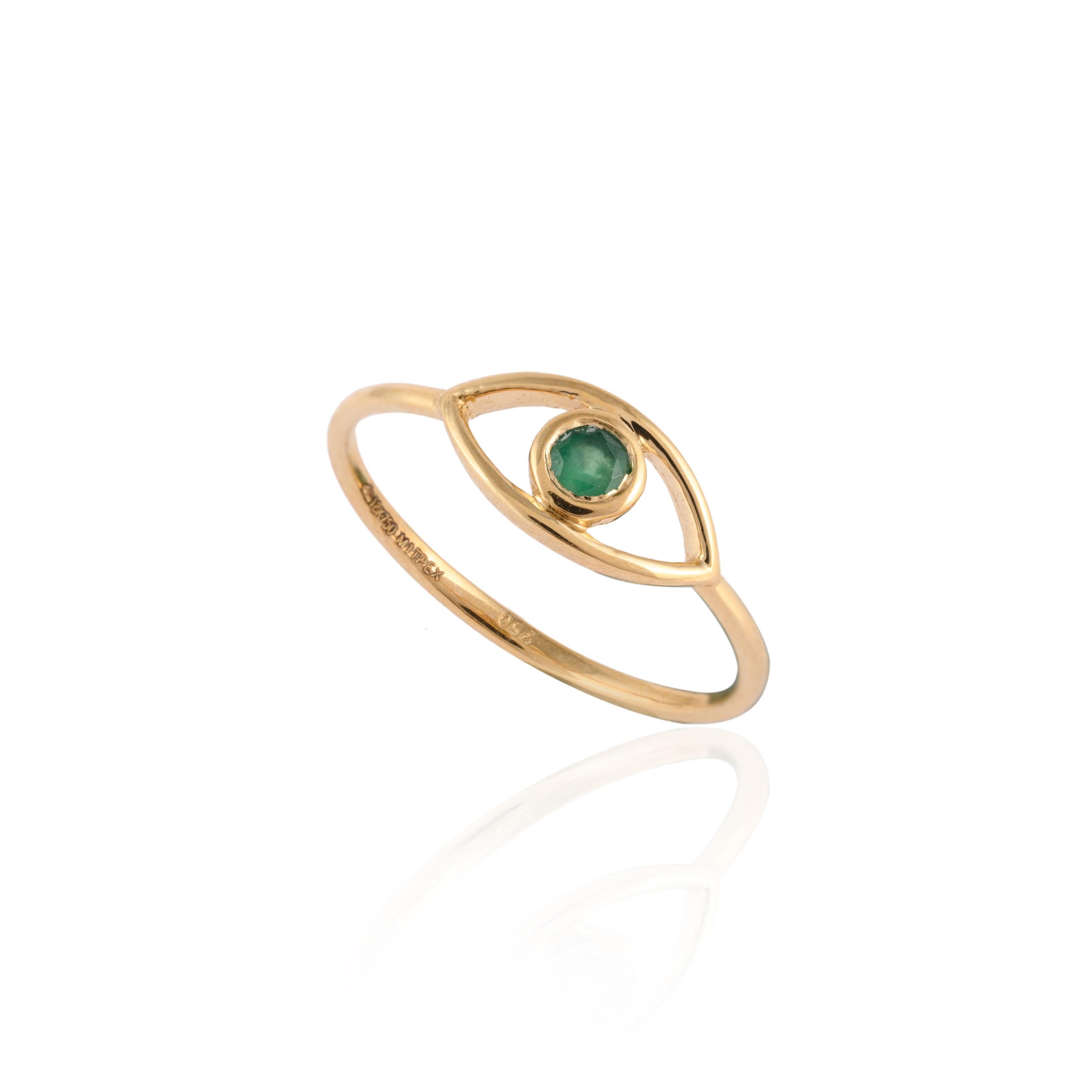 For Sale:  Dainty 0.1 Carat Emerald Evil Eye Stacking Ring 18 Karat Solid Yellow Gold 7