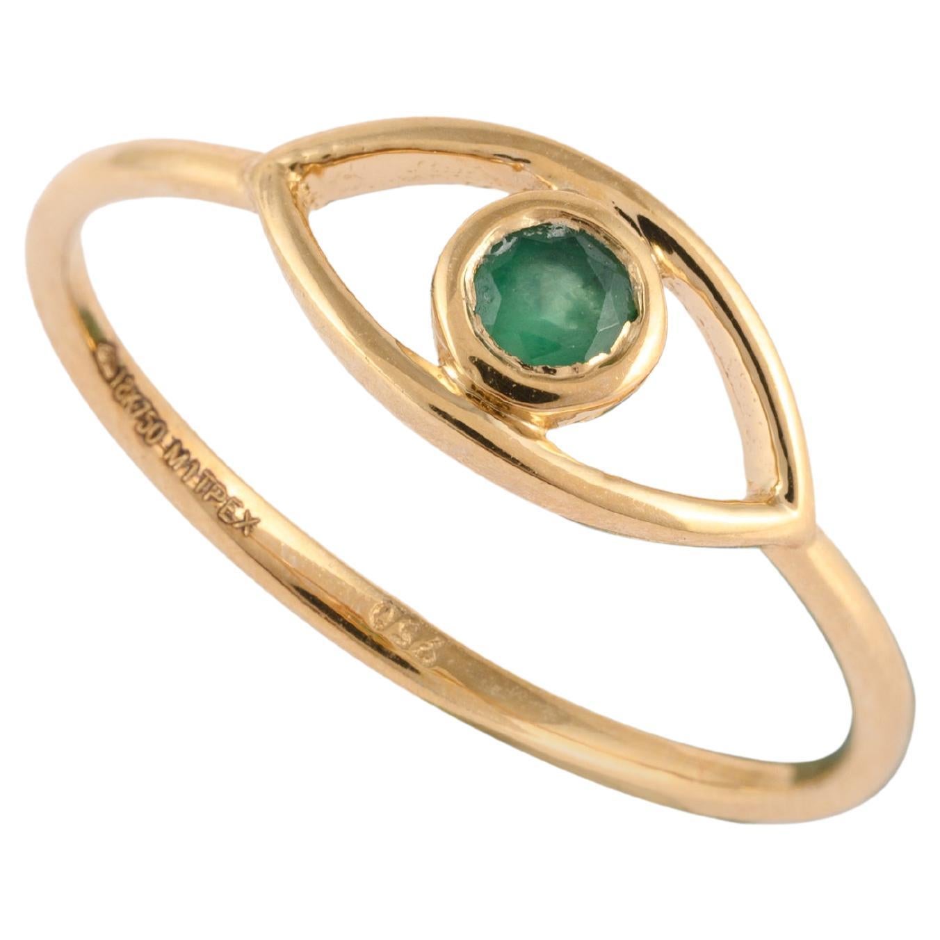 For Sale:  Dainty 0.1 Carat Emerald Evil Eye Stacking Ring 18 Karat Solid Yellow Gold