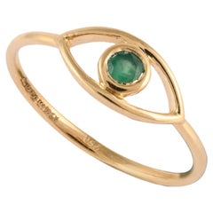 Dainty 0.1 Carat Emerald Evil Eye Stacking Ring 18 Karat Solid Yellow Gold