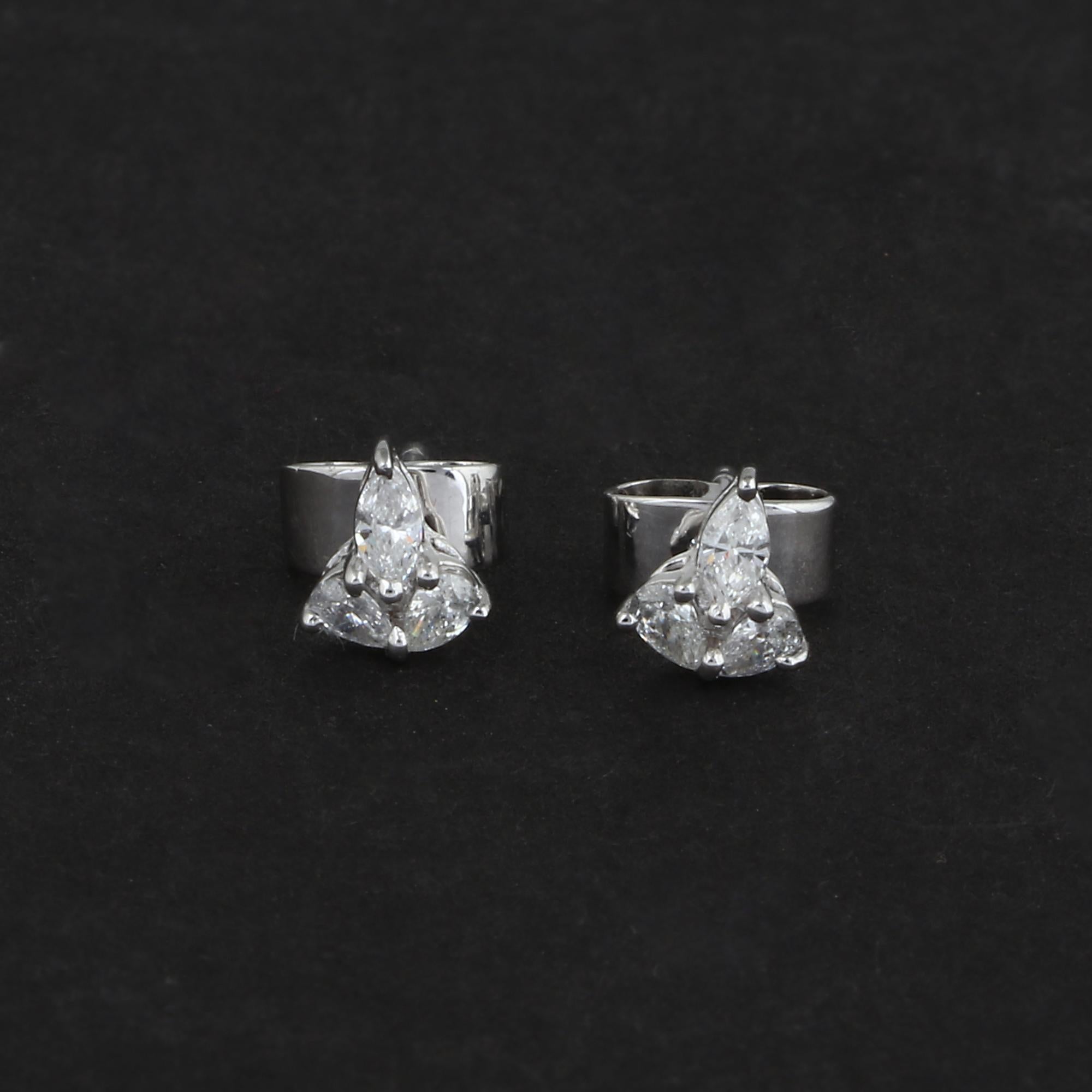 Mixed Cut Dainty 0.29cts SI/HI Diamond Flower Cluster Stud Earrings 18k Solid White Gold For Sale