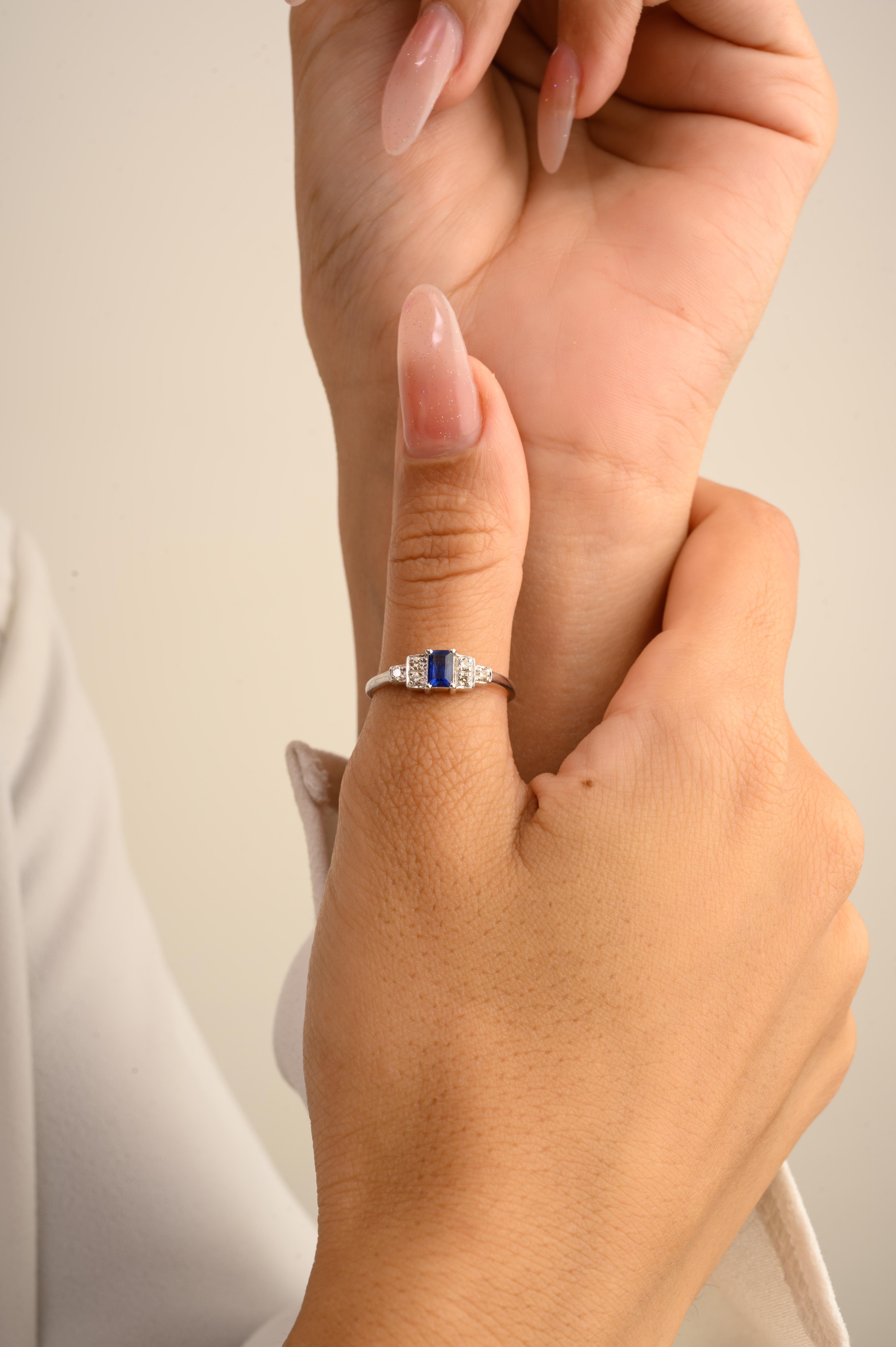 Im Angebot: Dainty 0,34 Karat Achteckschliff Blauer Saphir Diamant-Hochzeitsring aus 14 Karat Weißgold () 2