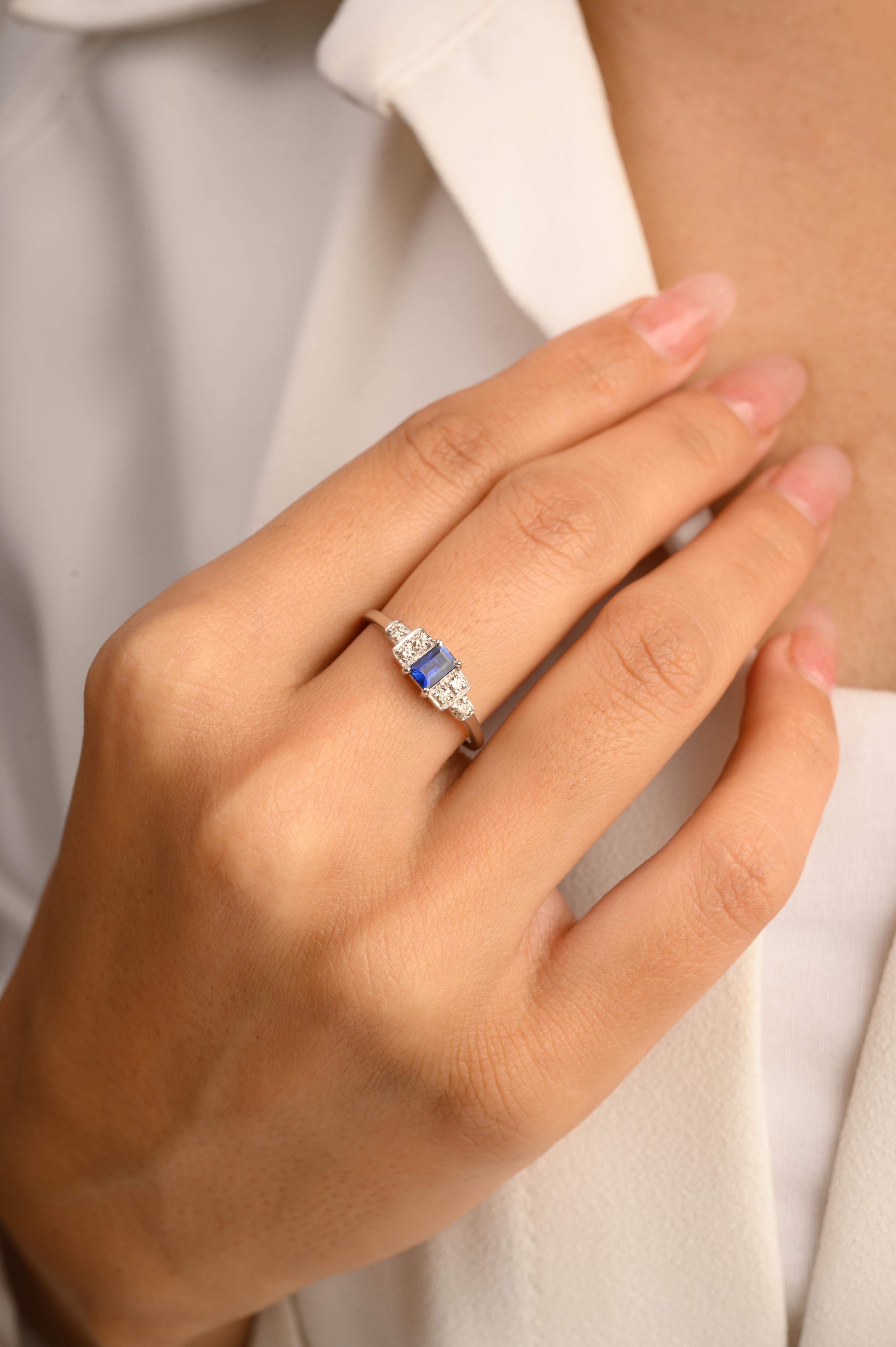Im Angebot: Dainty 0,34 Karat Achteckschliff Blauer Saphir Diamant-Hochzeitsring aus 14 Karat Weißgold () 4