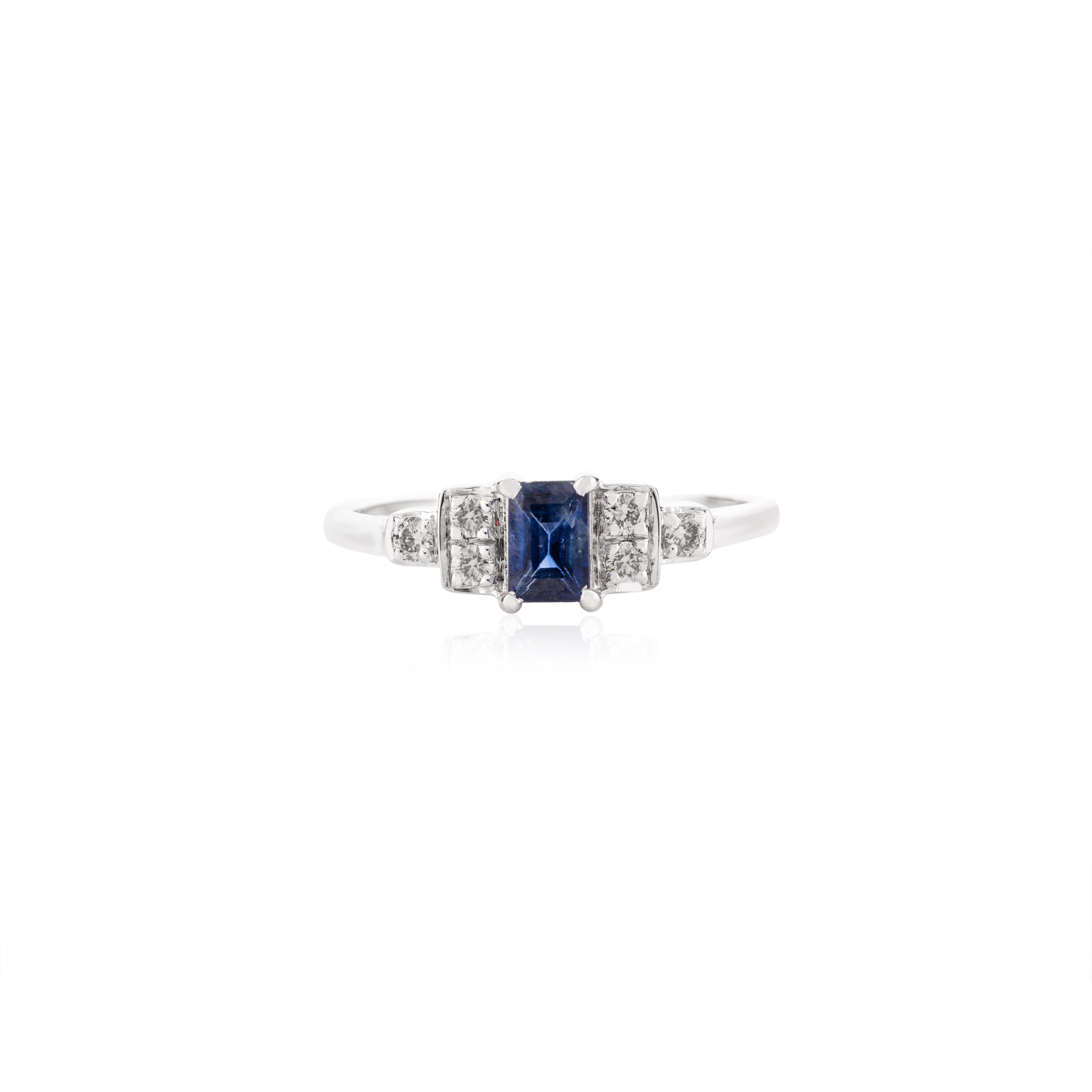 Im Angebot: Dainty 0,34 Karat Achteckschliff Blauer Saphir Diamant-Hochzeitsring aus 14 Karat Weißgold () 8