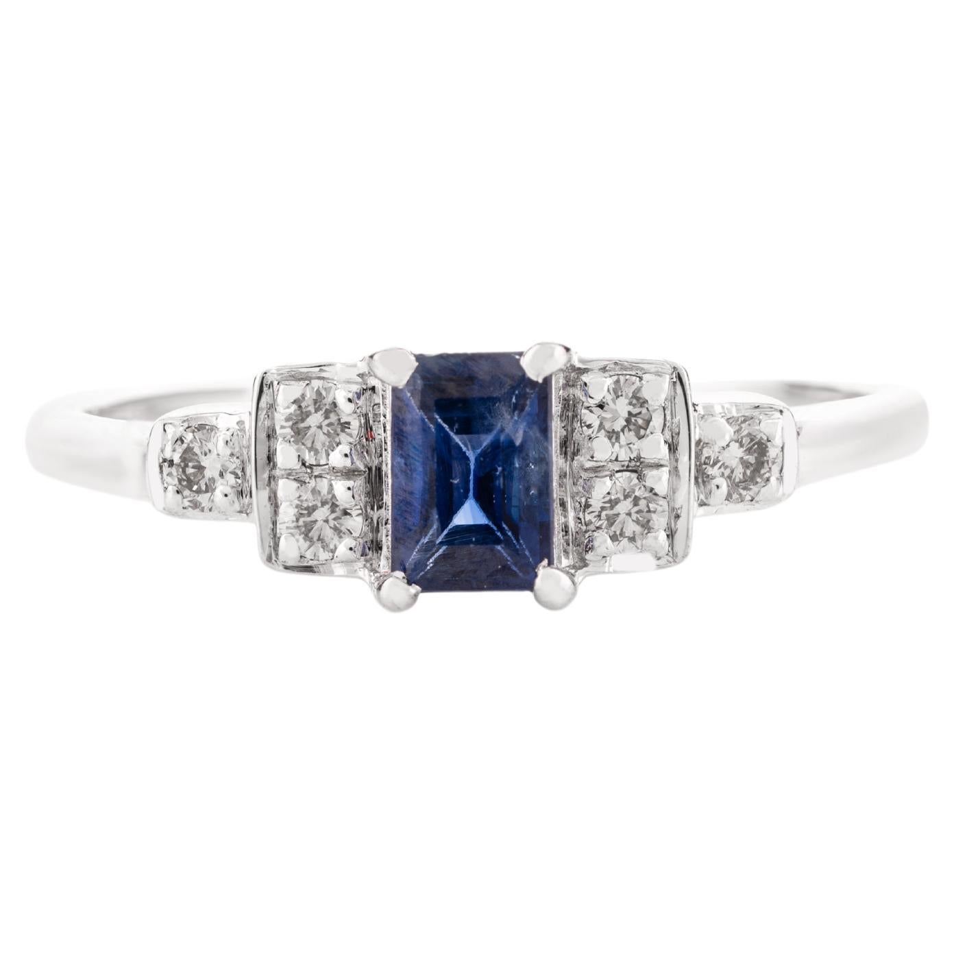 Dainty 0.34 CTW Octagon Cut Blue Sapphire Diamond Wedding Ring in 14k White Gold