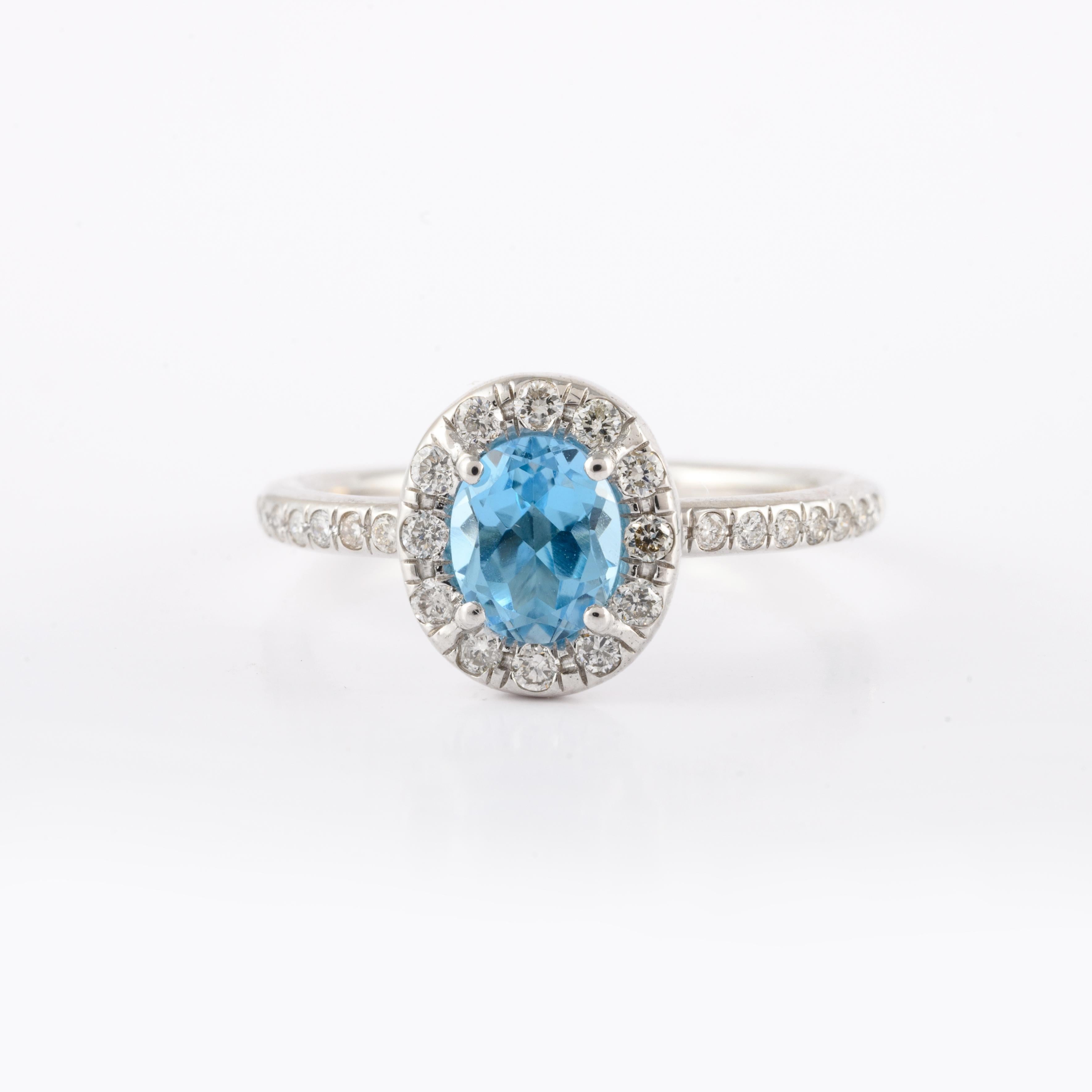 For Sale:  Dainty Blue Topaz and Diamond Halo Engagement Ring 14kt Solid White Gold 2