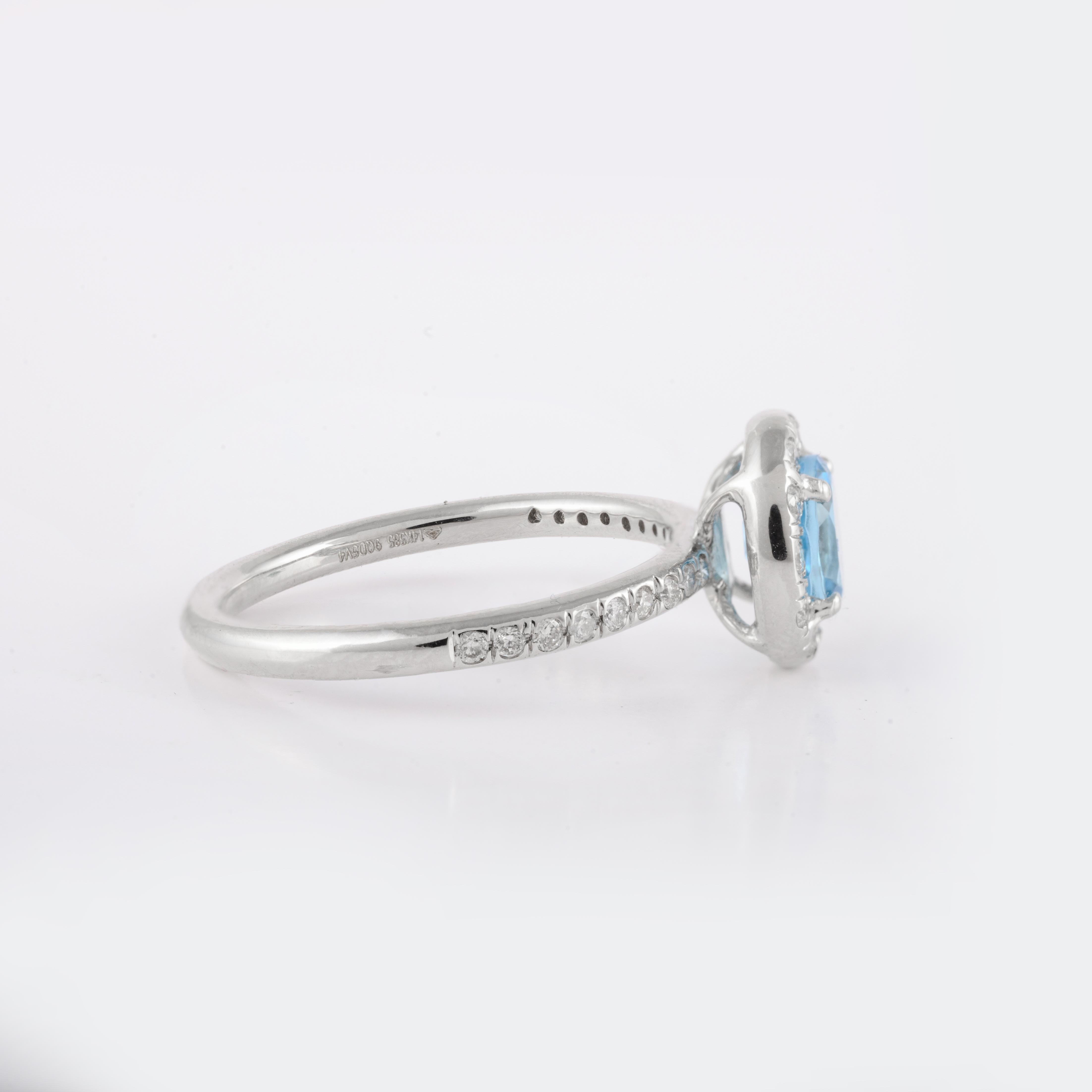 For Sale:  Dainty Blue Topaz and Diamond Halo Engagement Ring 14kt Solid White Gold 4