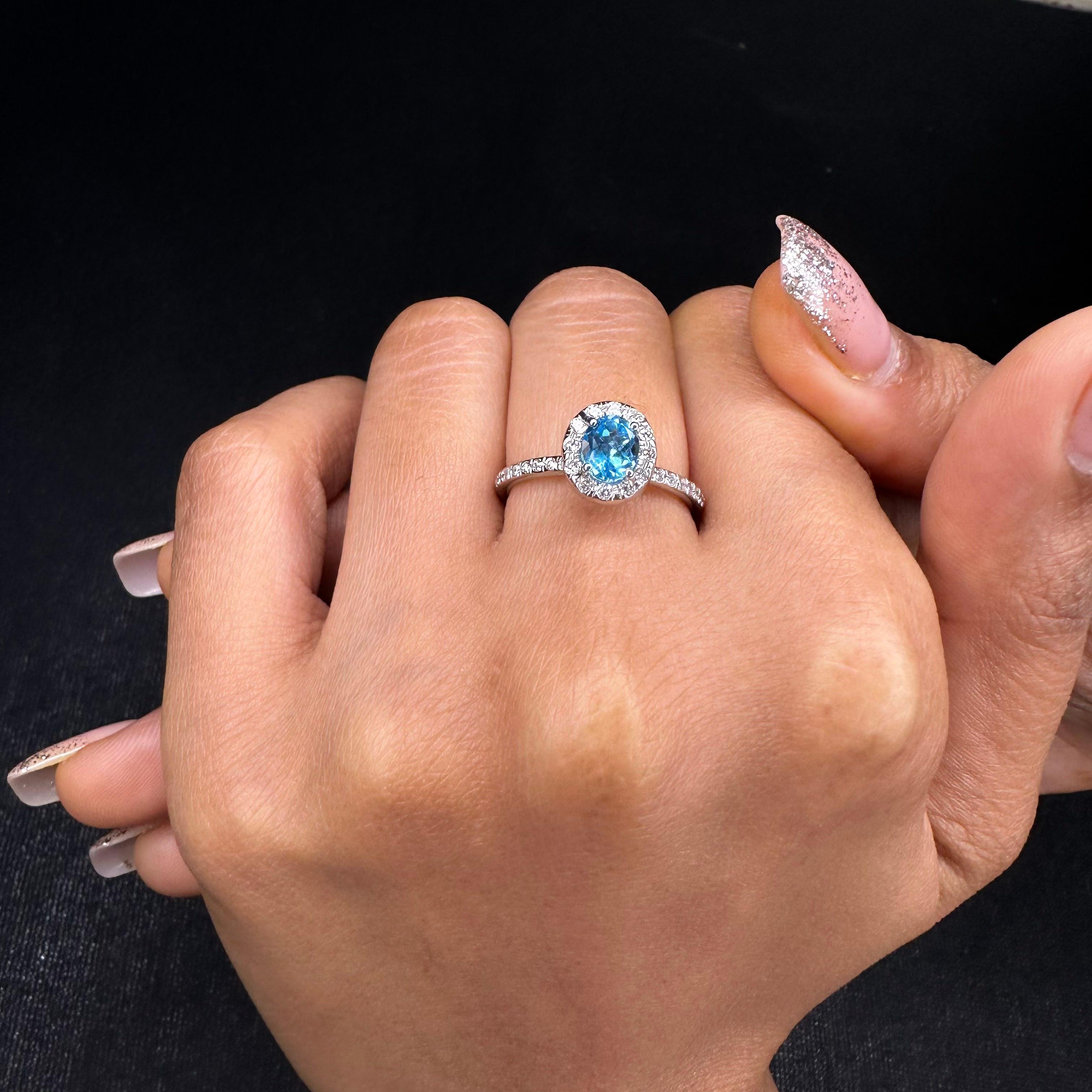 For Sale:  Dainty Blue Topaz and Diamond Halo Engagement Ring 14kt Solid White Gold 3