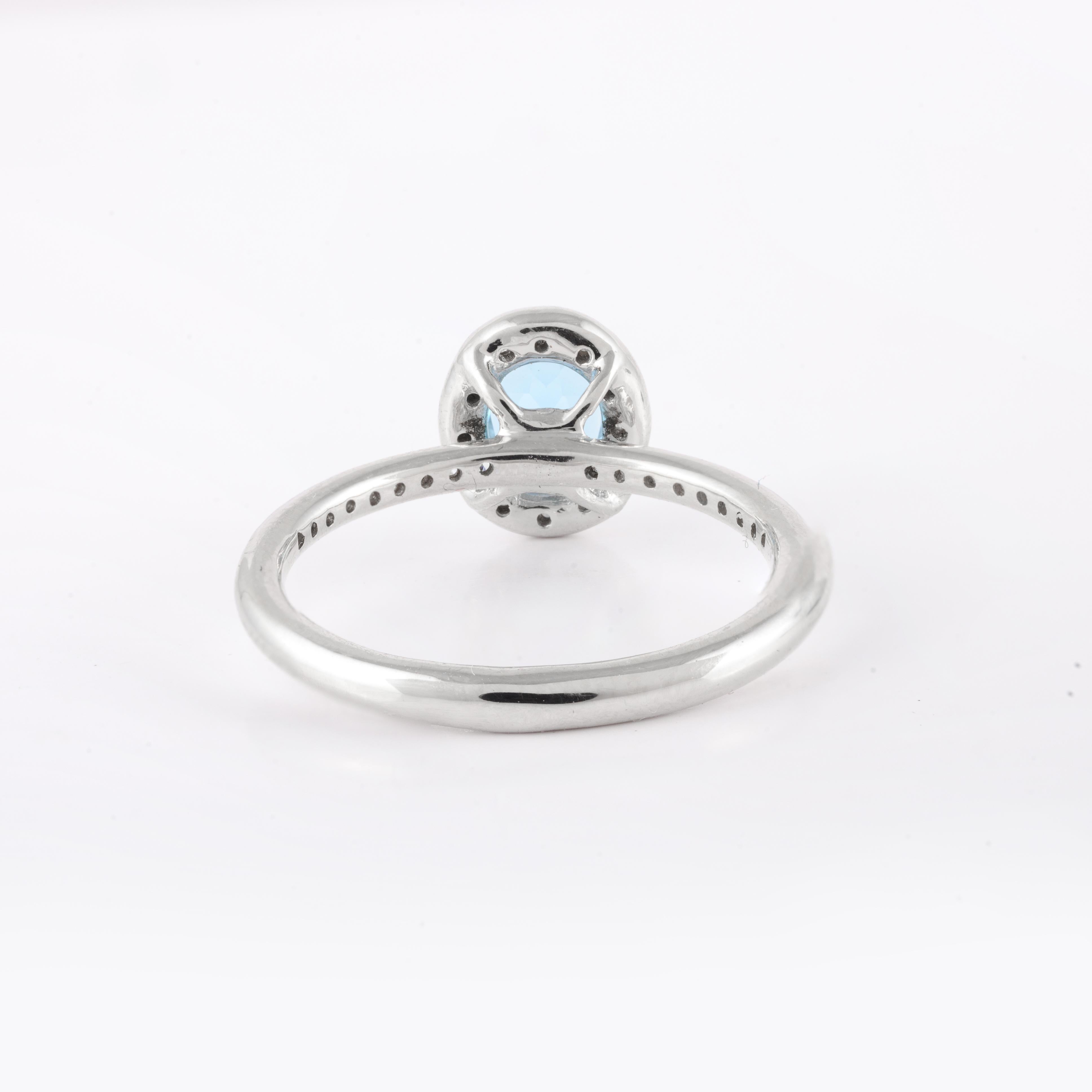 For Sale:  Dainty Blue Topaz and Diamond Halo Engagement Ring 14kt Solid White Gold 6