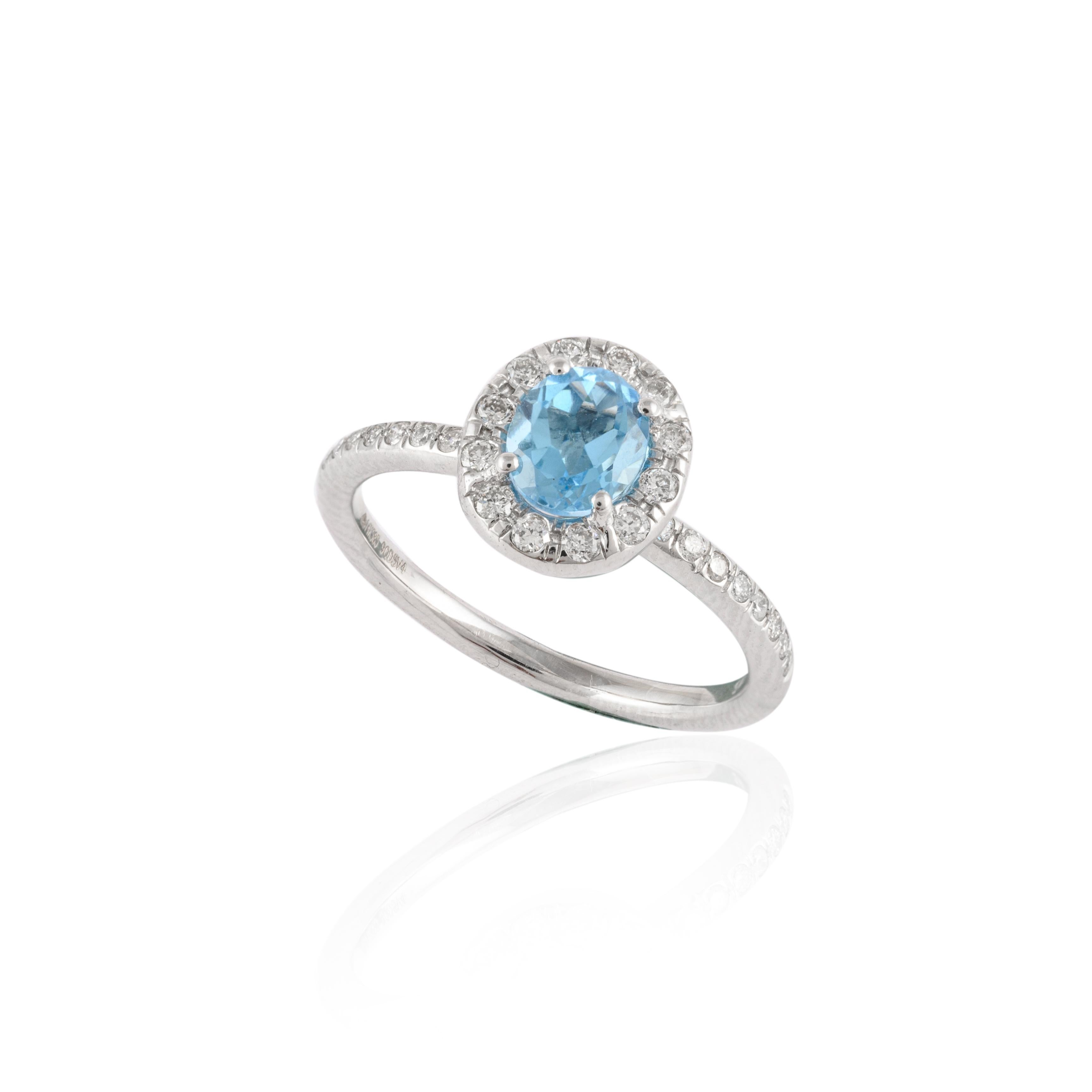 For Sale:  Dainty Blue Topaz and Diamond Halo Engagement Ring 14kt Solid White Gold 8