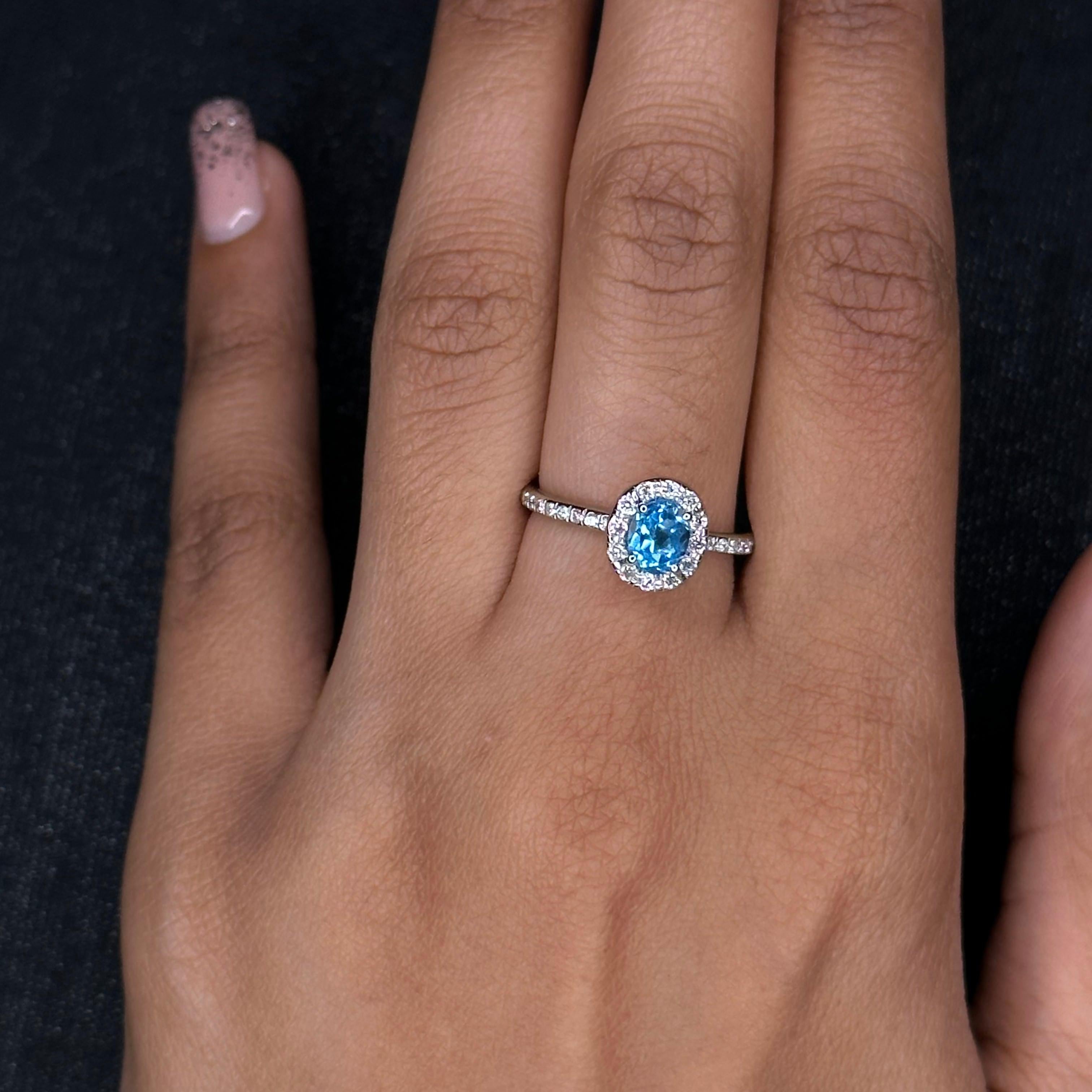 For Sale:  Dainty Blue Topaz and Diamond Halo Engagement Ring 14kt Solid White Gold 7