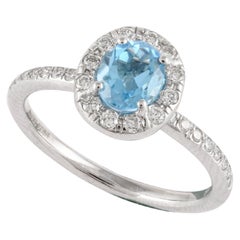 Dainty 0.86 Ct Blue Topaz Diamond Halo Engagement Ring 14kt Solid White Gold