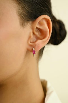 Dainty 1.05 Ct Ruby & Diamond Huggie Hoop Earrings in 14k Yellow Gold for Women