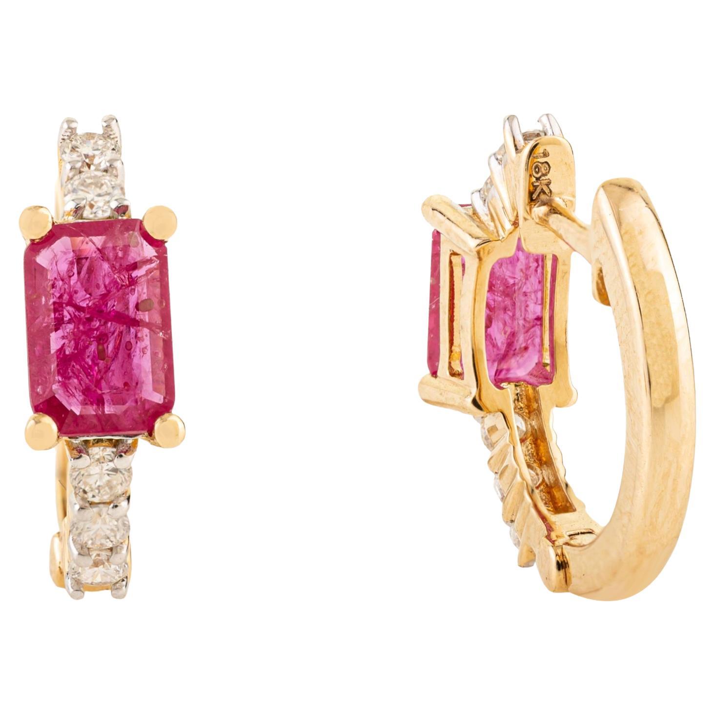 Dainty 1.05 Ct Ruby 
Diamond Huggie Hoop Earrings in 18k Yellow Gold for Women