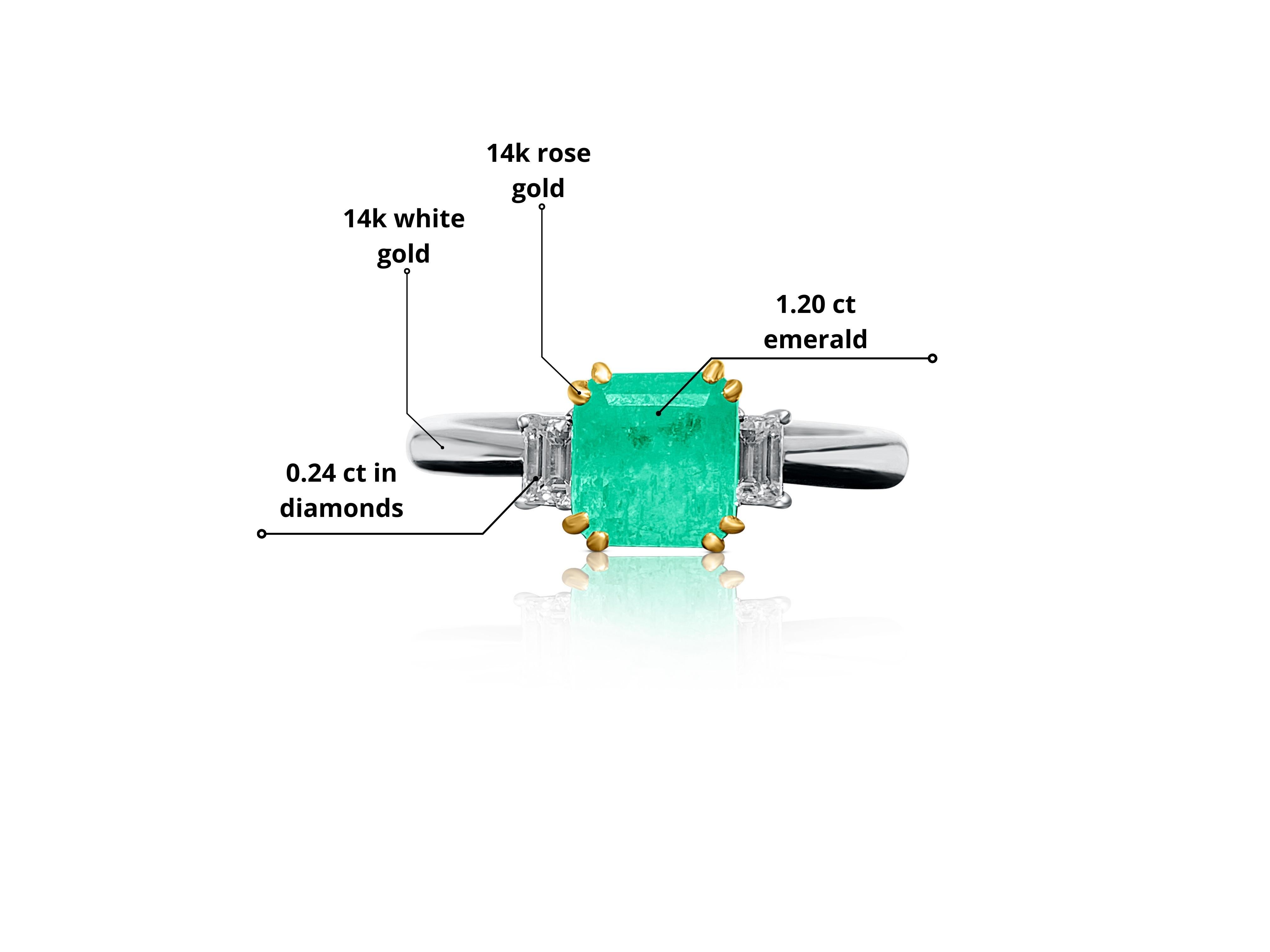 Dainty 1.20 Carat Emerald-Cut Colombian Emerald and Diamond 18k Engagement Ring For Sale 1