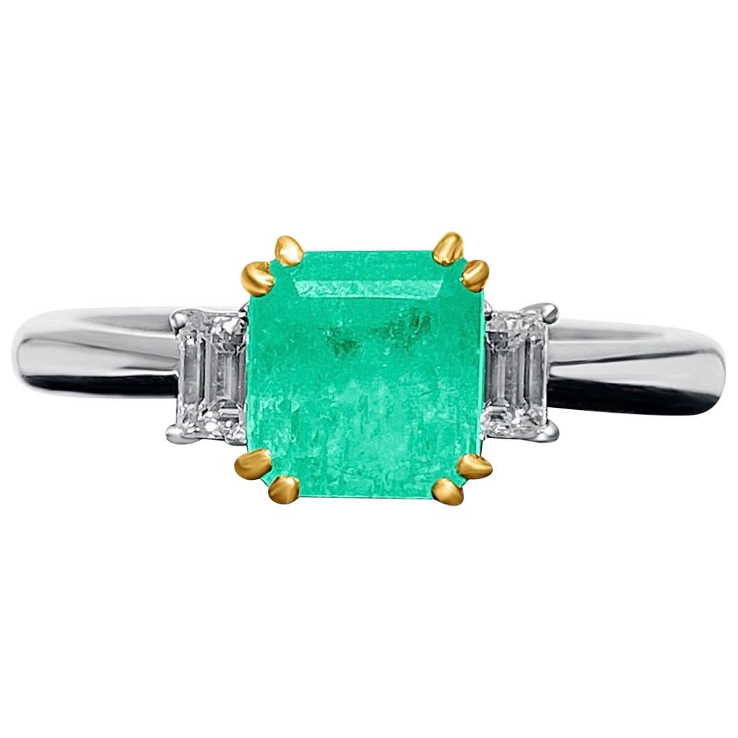 Dainty 1.20 Carat Emerald-Cut Colombian Emerald and Diamond 18k Engagement Ring