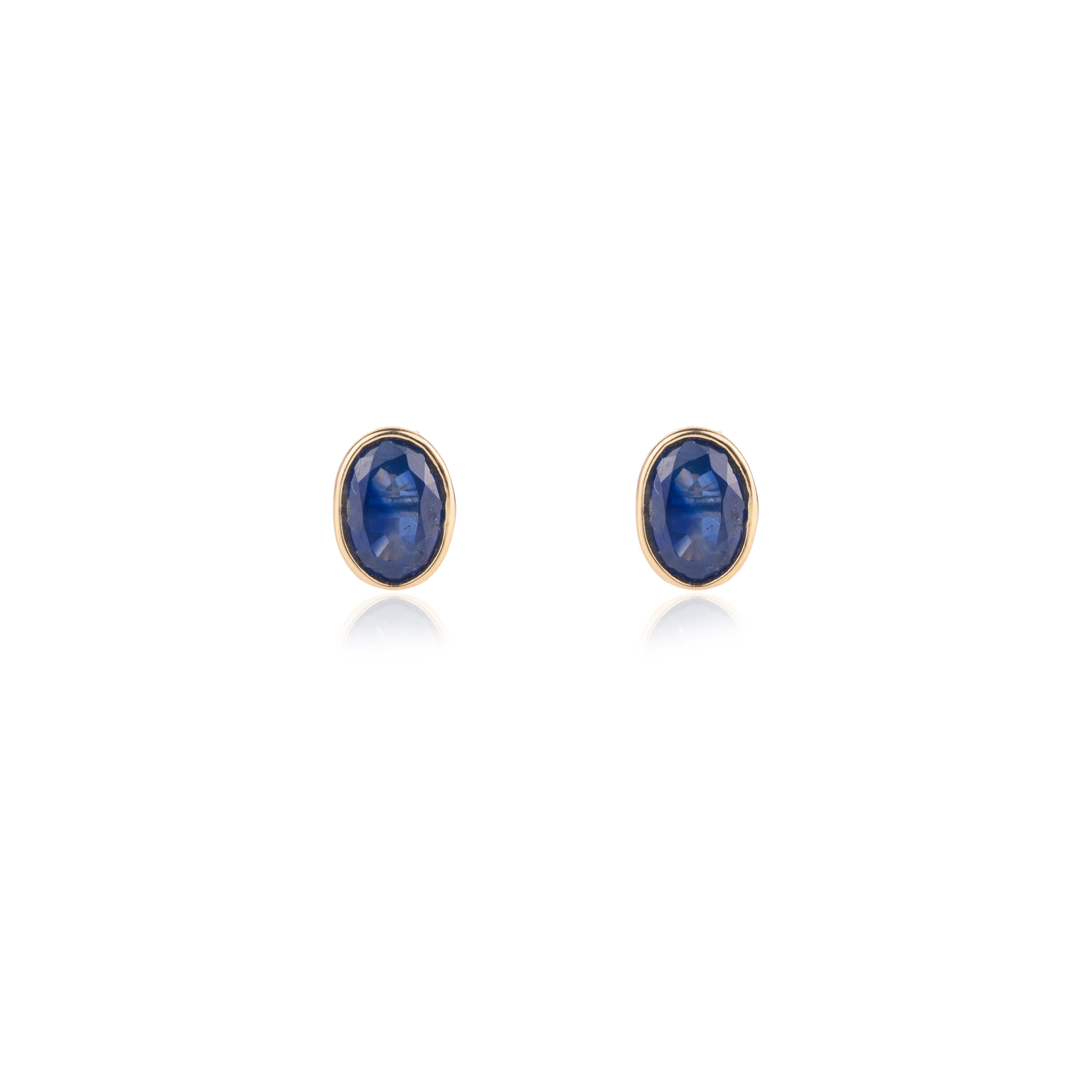 Dainty 1.34 Carat Bezel Set Blue Sapphire 14k Yellow Gold Stud Earrings Gift For Sale 2