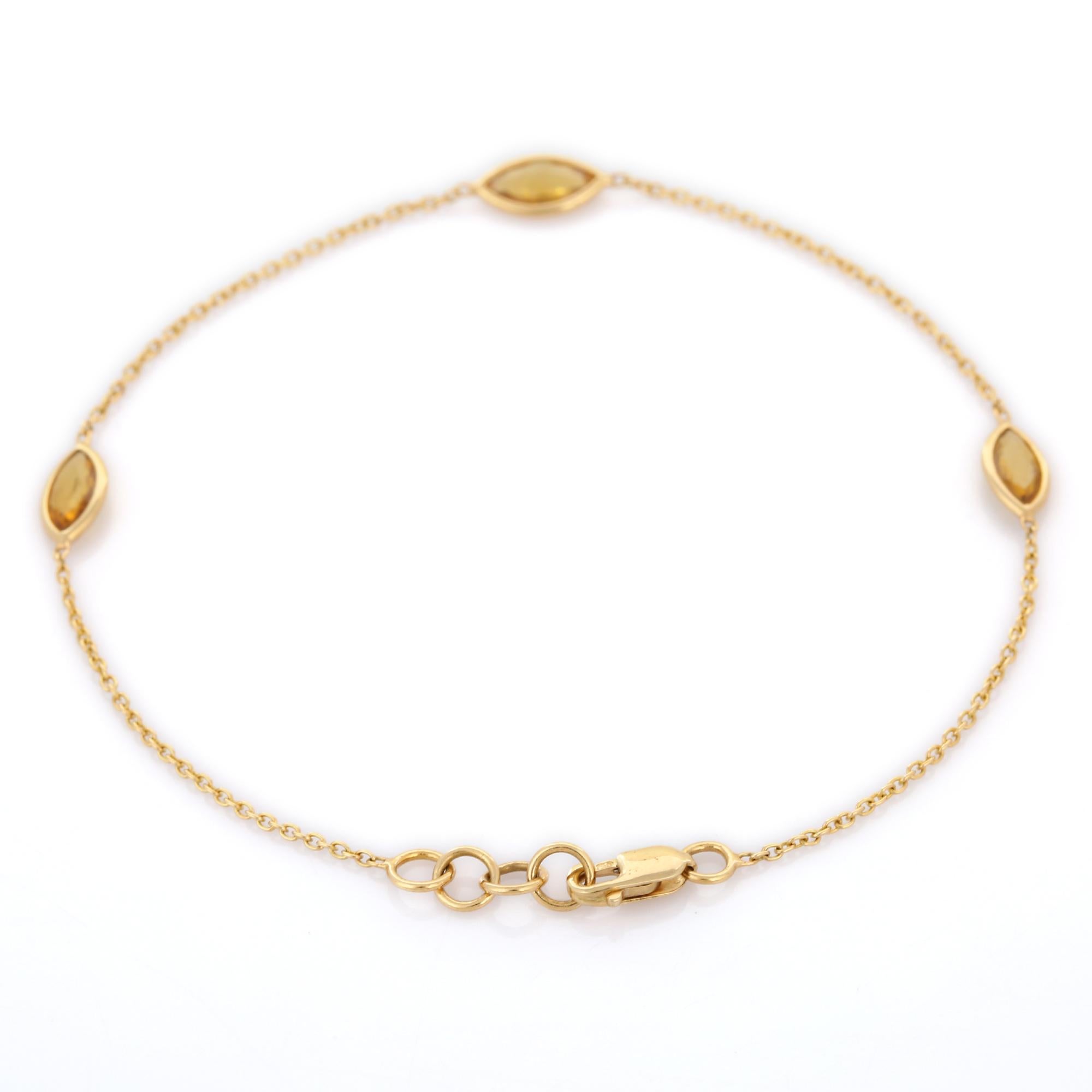 Marquise Cut Minimalist Yellow Sapphire Chain Bracelet, 18K Yellow Gold Stackable Bracelet For Sale