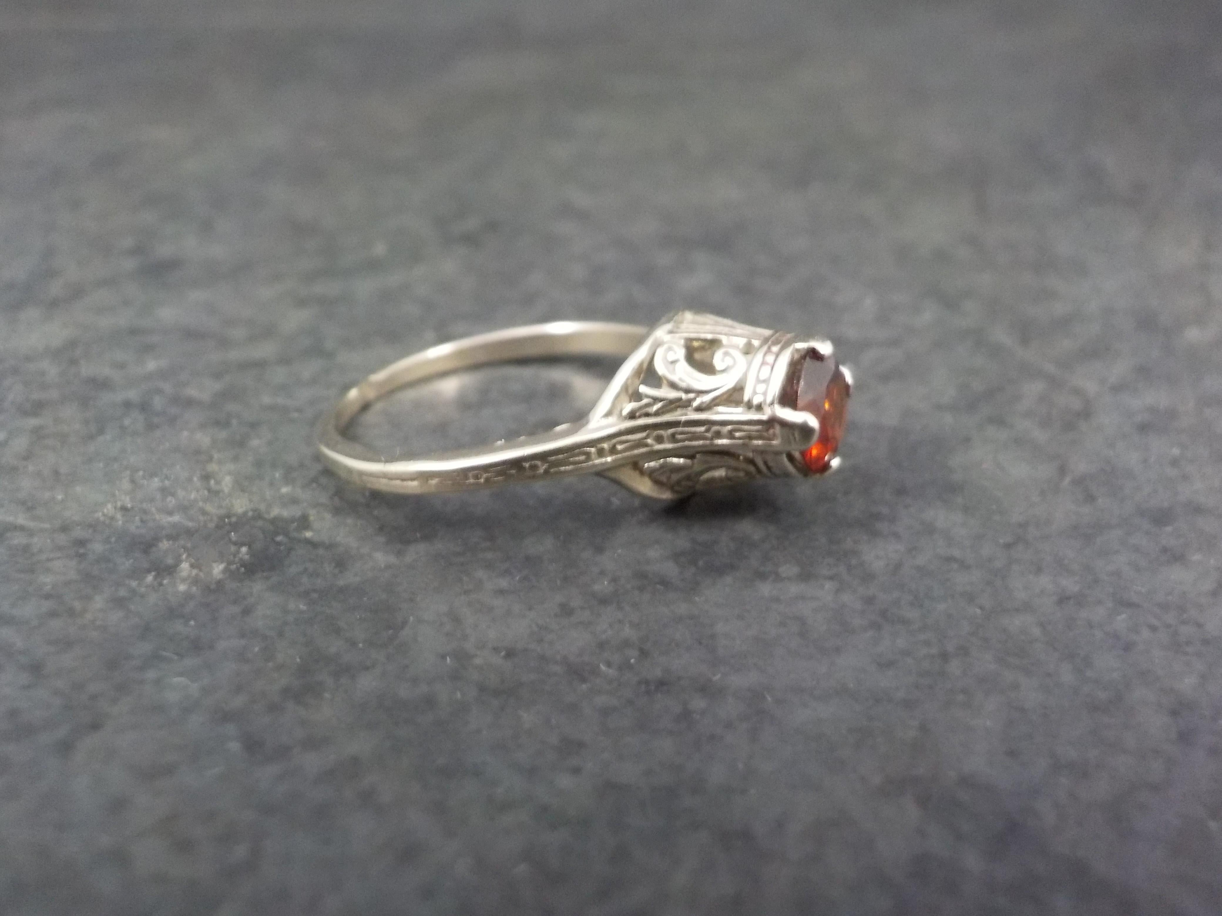 Dainty 14K White Gold Art Deco High Set Garnet Filigree Ring Size 4.75 In Good Condition For Sale In Webster, SD