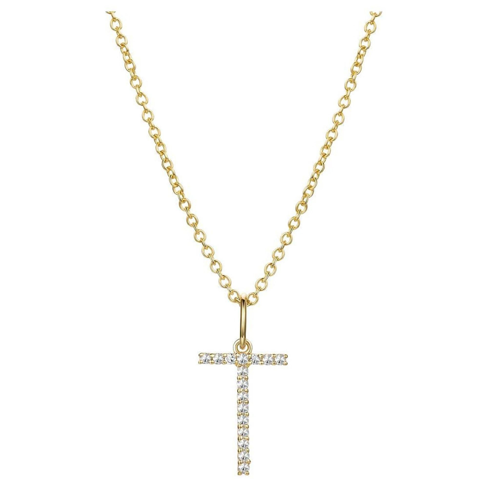 Collana di diamanti con lettera T in oro giallo 14K