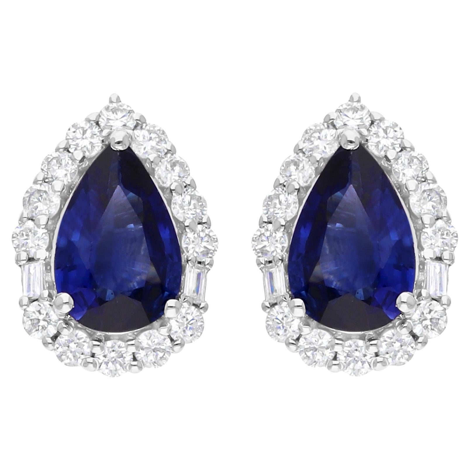 Dainty 1.75ct Pear Cut Blue Sapphire Diamond Halo Stud Ears Or blanc 18k