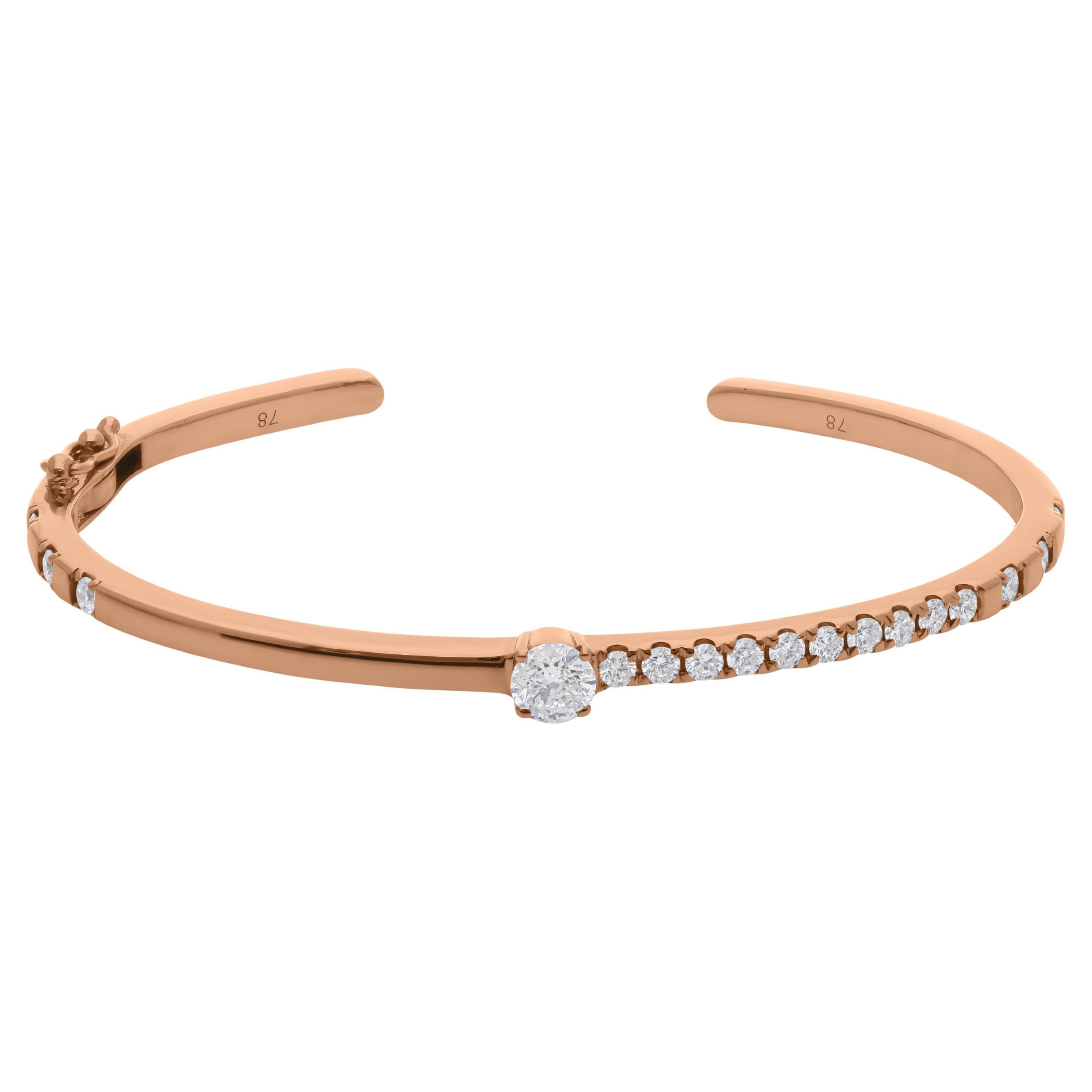 Dainty 18 Karat Rose Gold Natural 1.16 Carat Round Diamond Cuff Bangle Bracelet