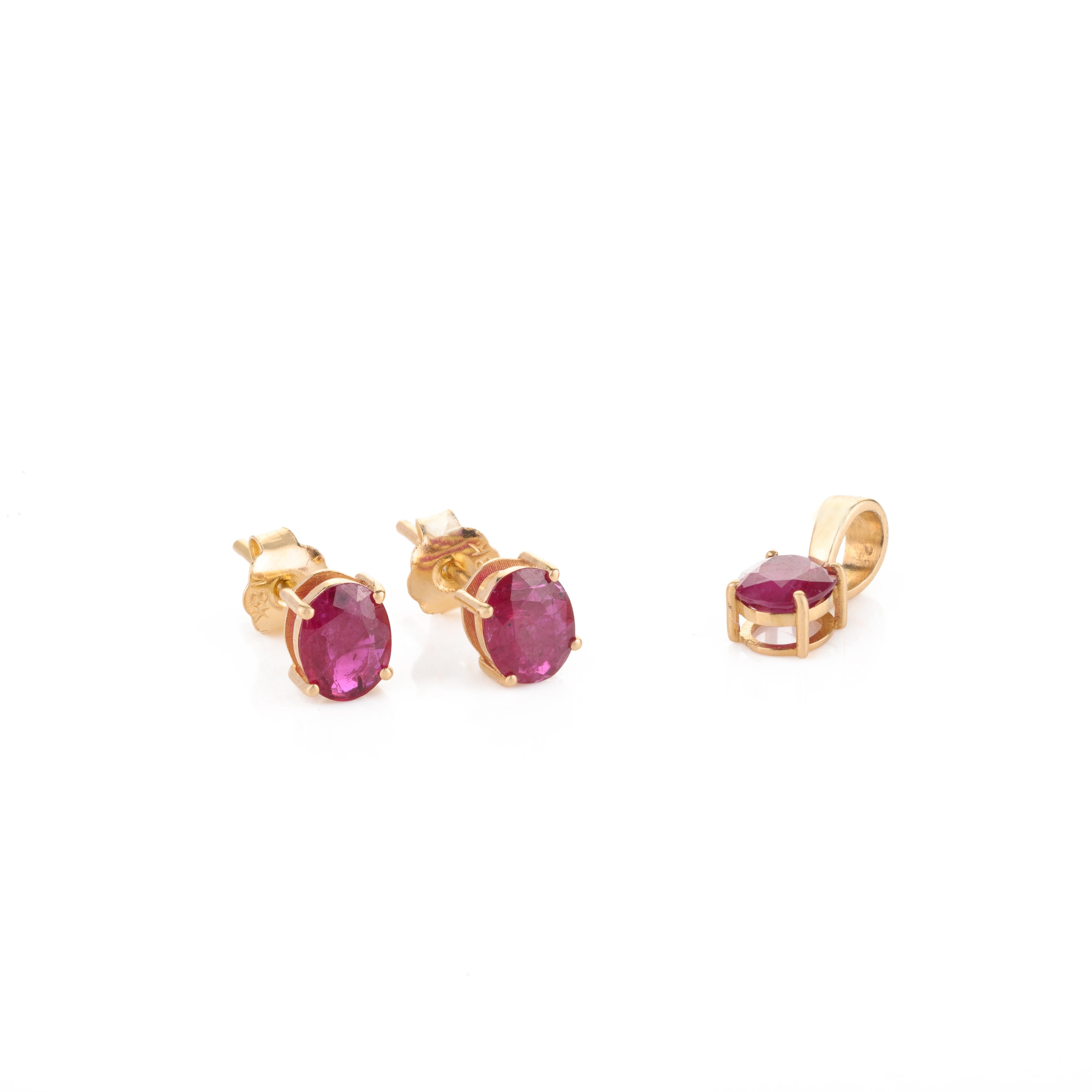 Dainty 18k Solid Yellow Gold Genuine Ruby Pendant and Earrings Jewelry Set For Sale 7