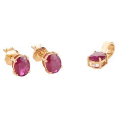 Dainty 18k Solid Yellow Gold Genuine Ruby Pendant and Earrings Jewelry Set