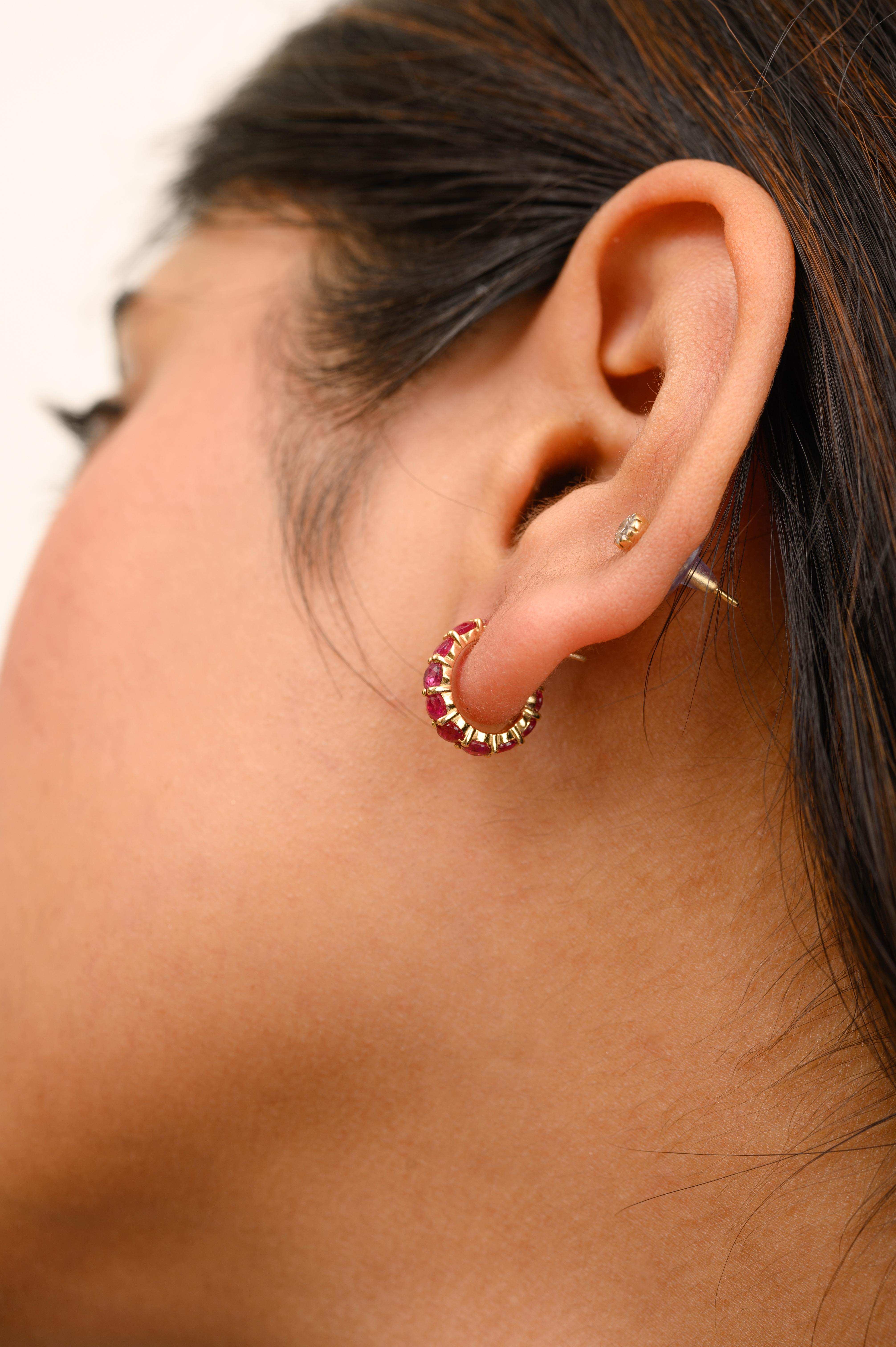 Dainty 18k Yellow Gold 1.95 Carats Ruby Huggie Hoop Earrings for Her For Sale 2