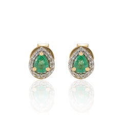 Dainty 18k Yellow Gold Pear Emerald Halo Diamond Everyday Stud Earrings