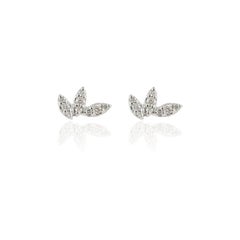 Dainty 18 Karat Solid White Gold Diamond Leaf Motif Stud Pushback Earrings