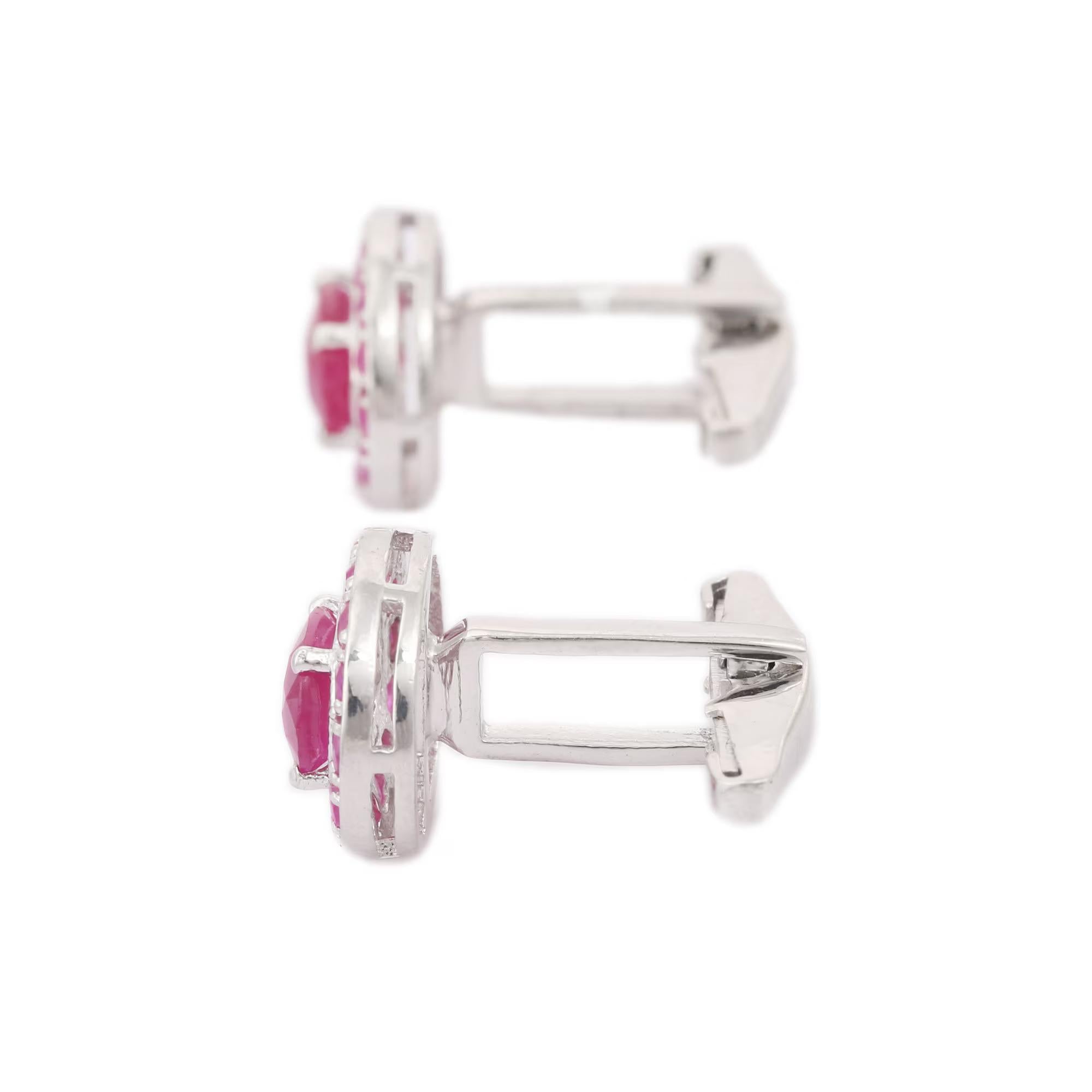 Dainty Genuine Ruby Halo Cufflinks in 925 Sterling Silver  In New Condition In Houston, TX