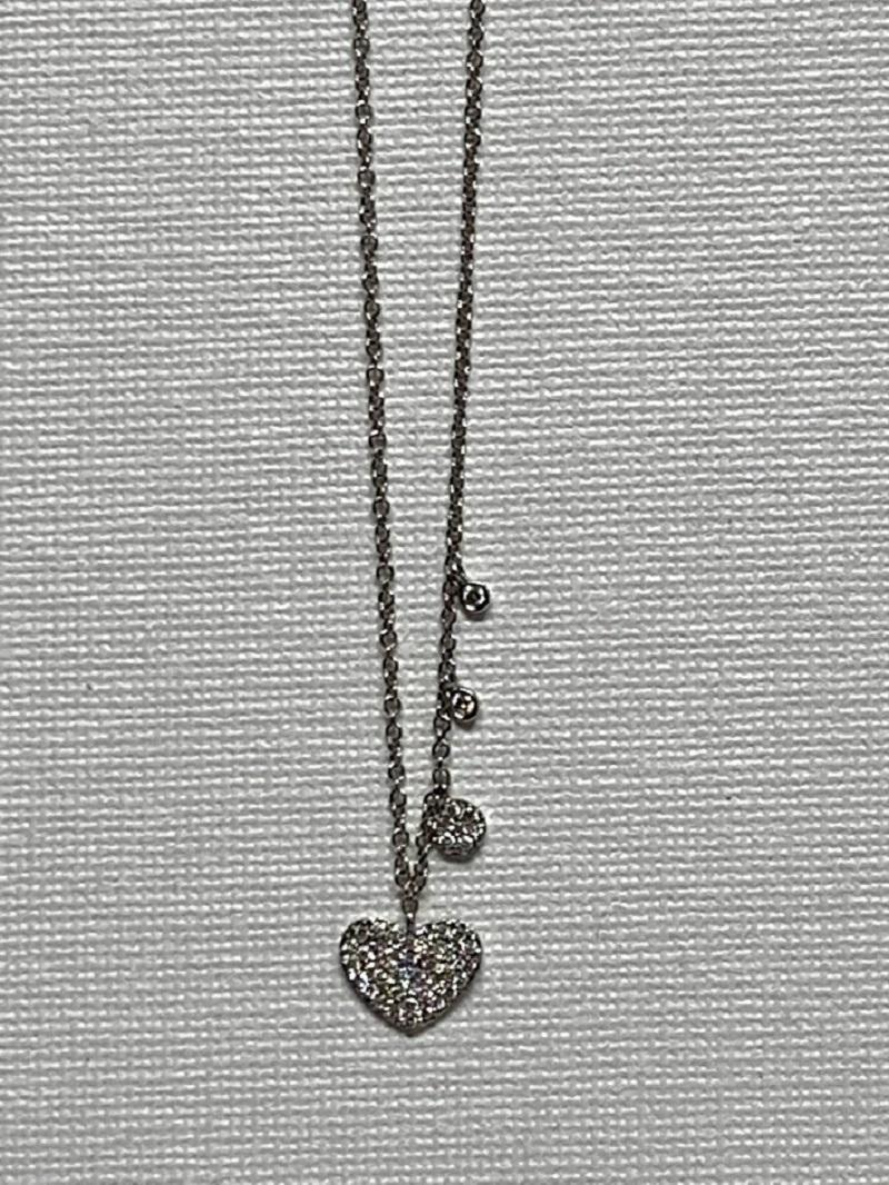 Art Deco Dainty 4 Heart 14 Karat White Gold White Pave Diamond Necklace For Sale