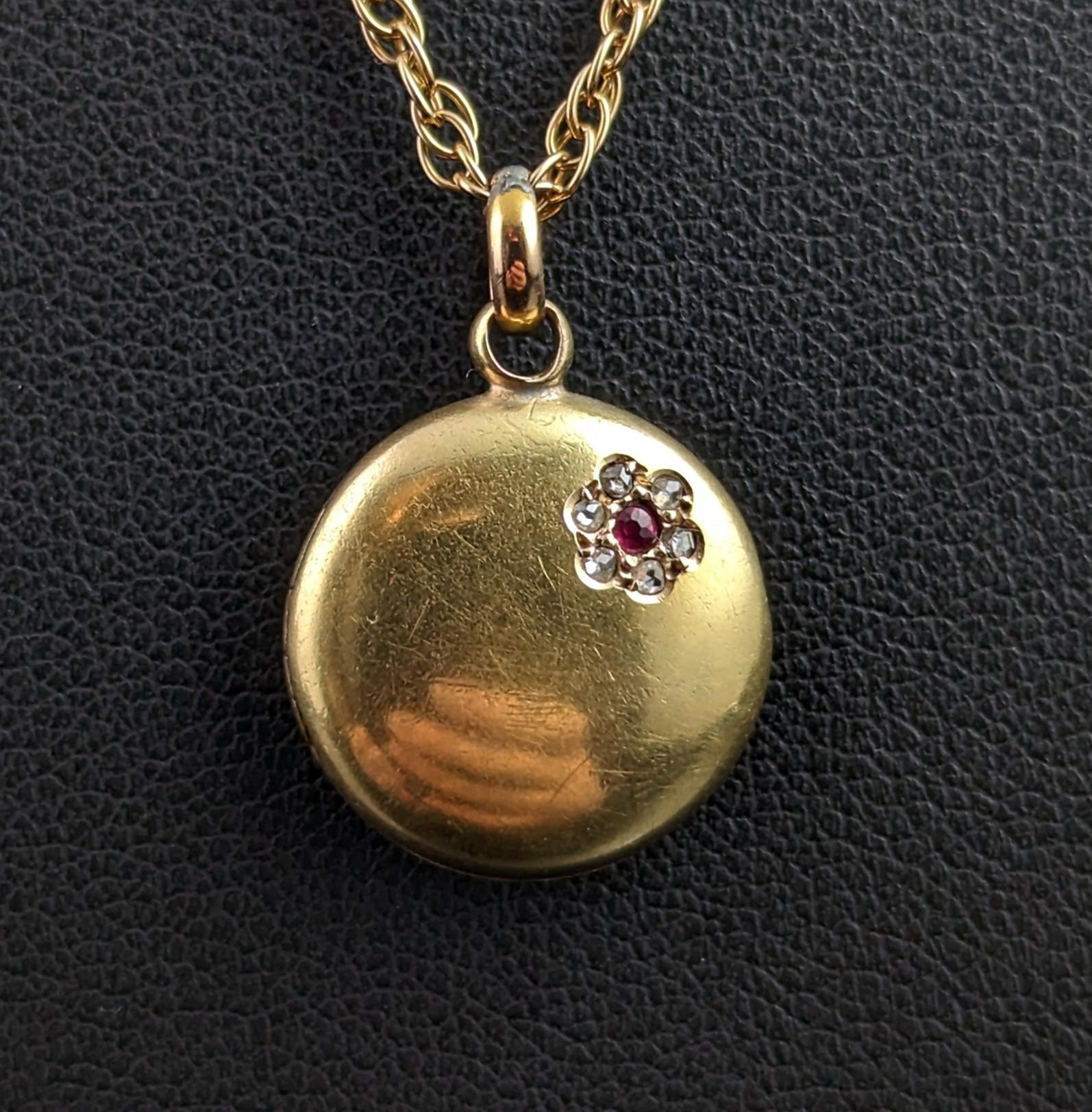 Dainty Antique 15k gold Ruby and Diamond locket pendant, Floral  9