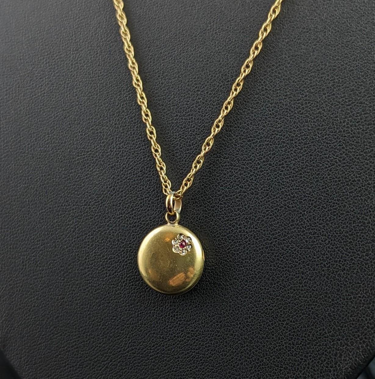 Dainty Antique 15k gold Ruby and Diamond locket pendant, Floral  12