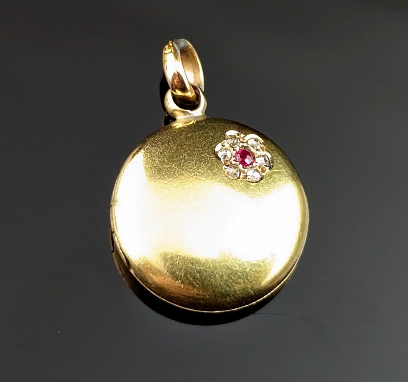 Edwardian Dainty Antique 15k gold Ruby and Diamond locket pendant, Floral 