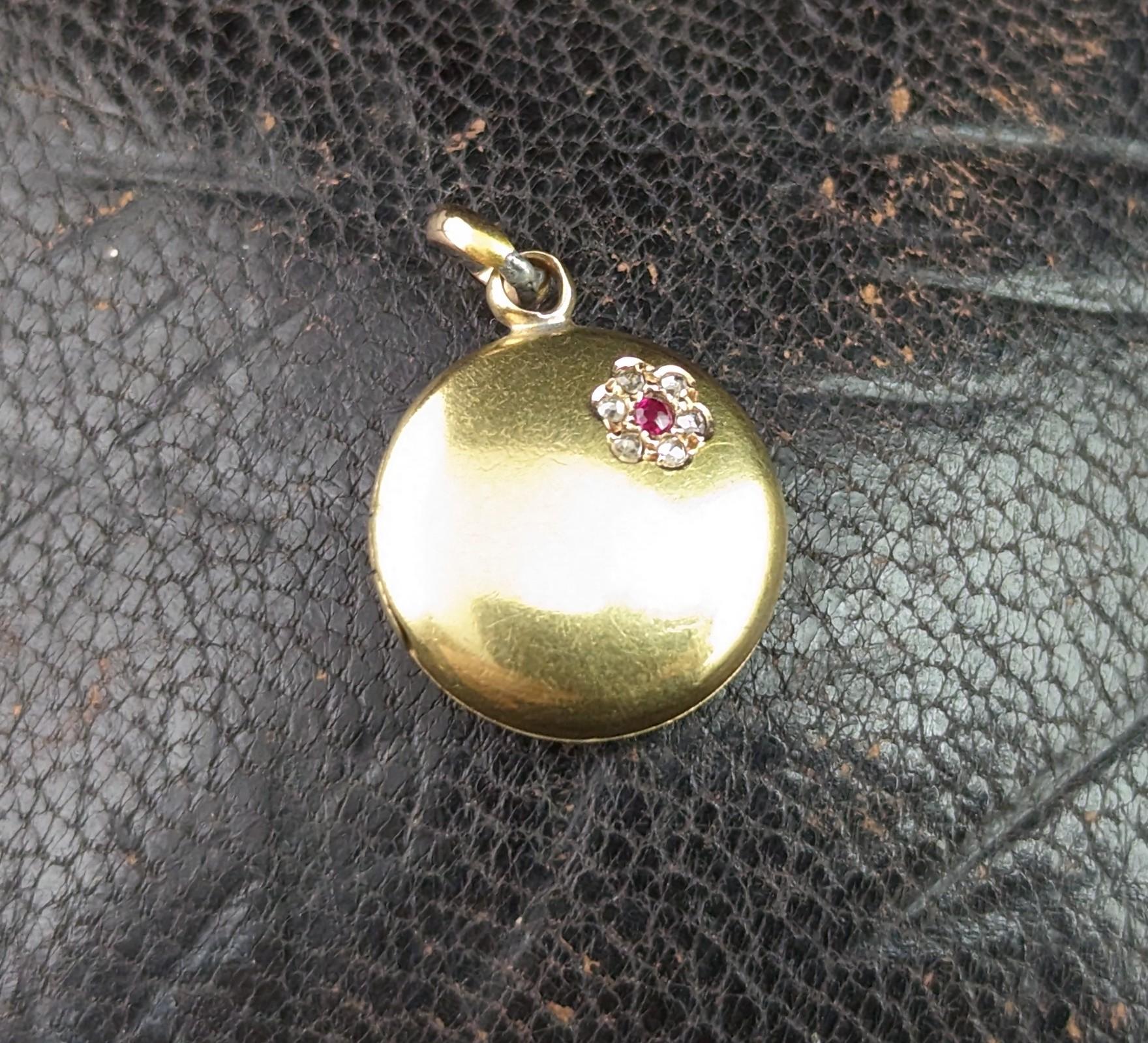 Dainty Antique 15k gold Ruby and Diamond locket pendant, Floral  3