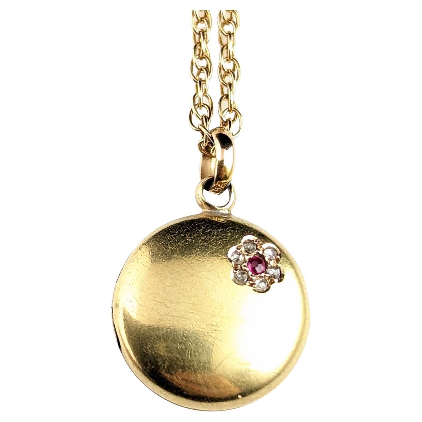 Dainty Antique 15k gold Ruby and Diamond locket pendant, Floral 