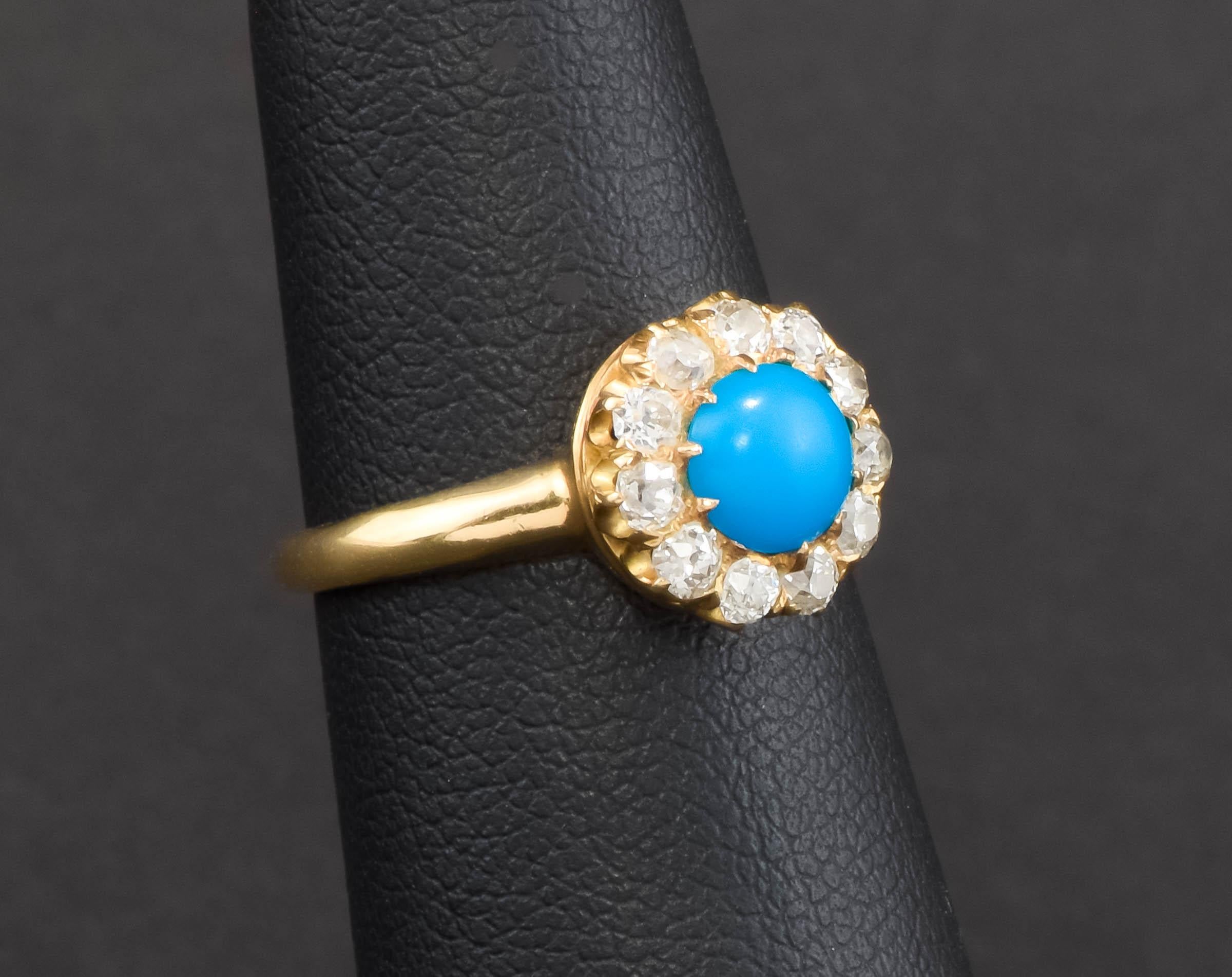 Victorian Dainty Antique Turquoise Diamond Halo Ring with Fiery Old Mine Cut Diamonds For Sale