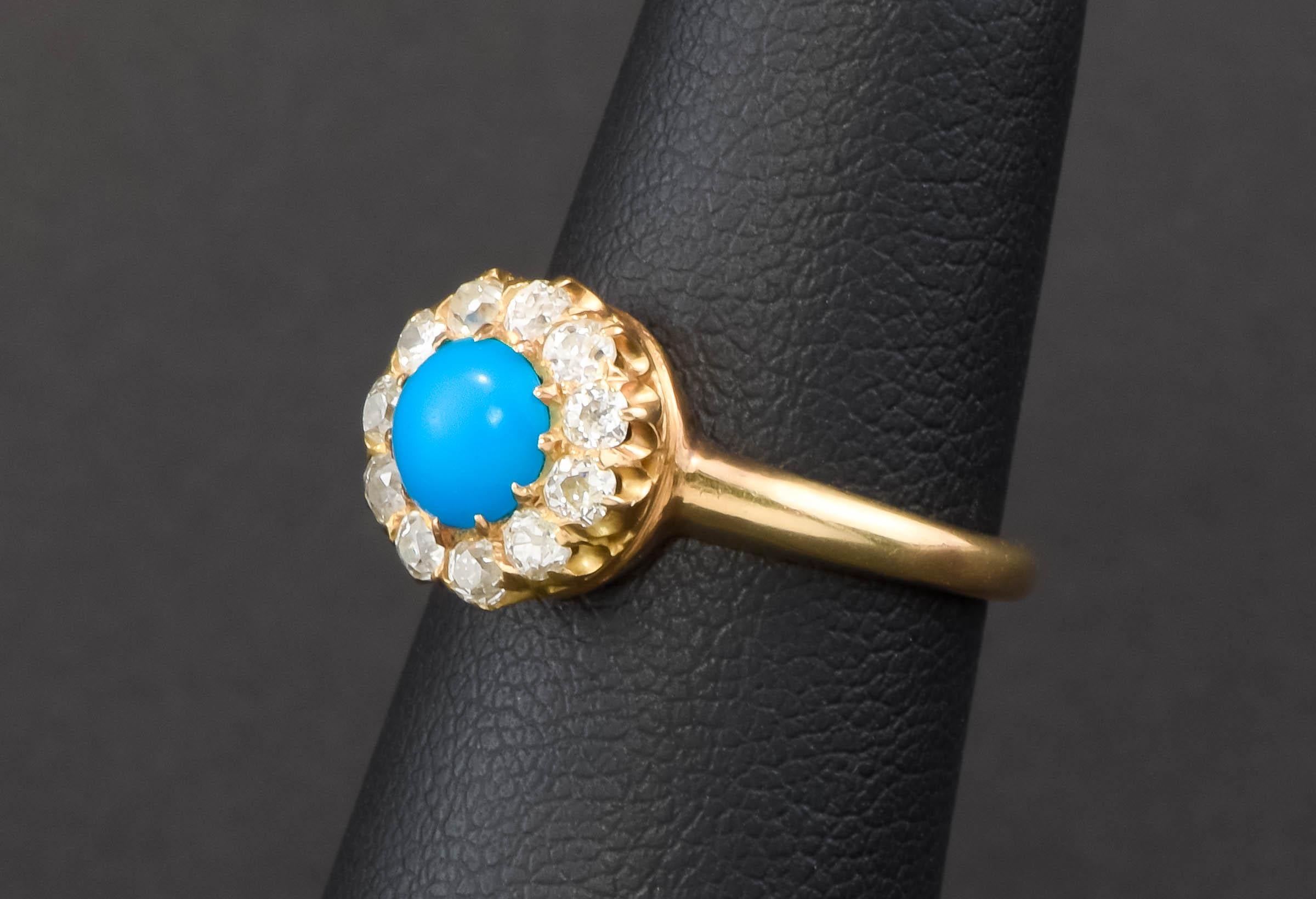 Dainty Antique Turquoise Diamond Halo Ring with Fiery Old Mine Cut Diamonds In Good Condition For Sale In Danvers, MA