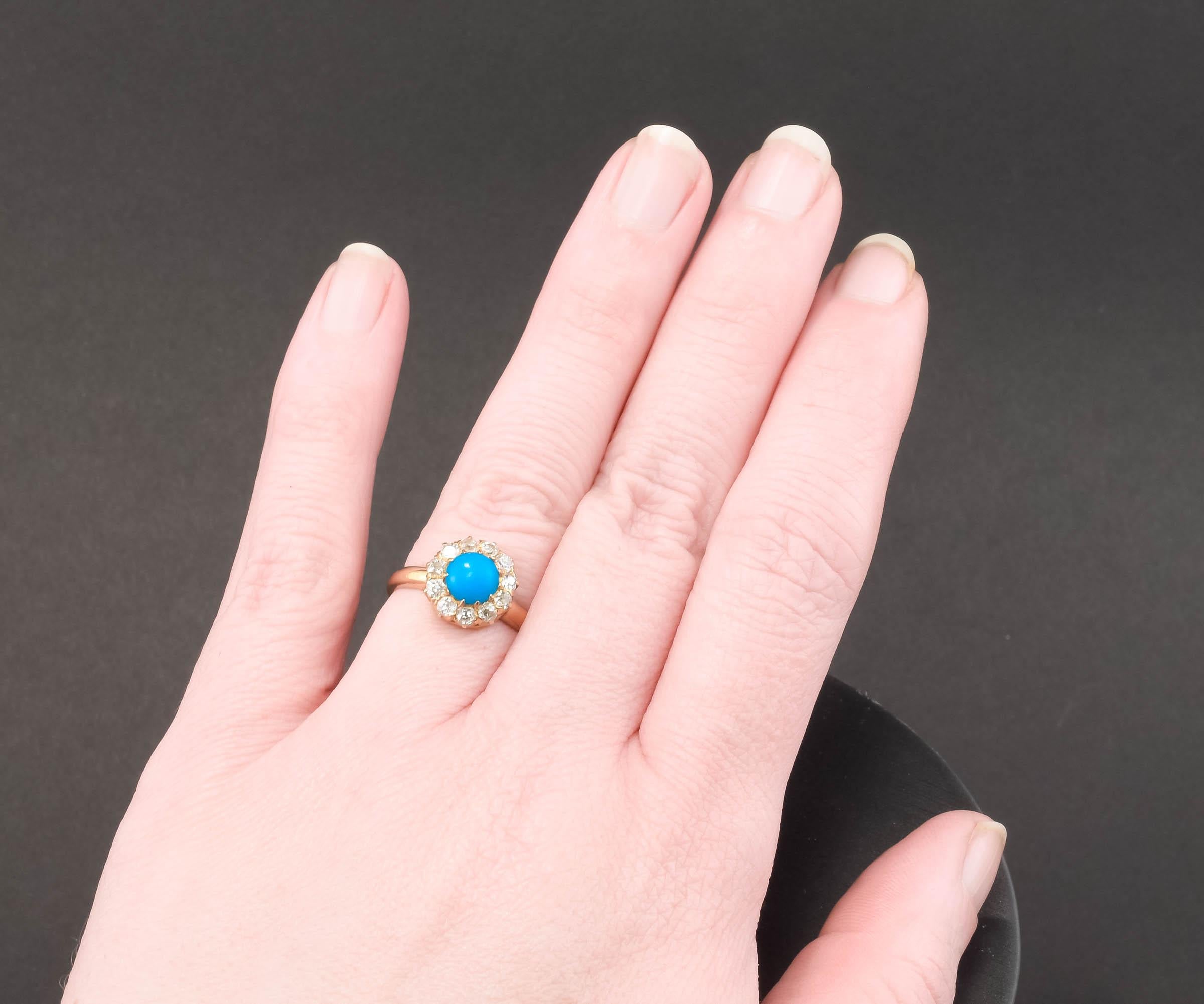 Women's Dainty Antique Turquoise Diamond Halo Ring with Fiery Old Mine Cut Diamonds For Sale