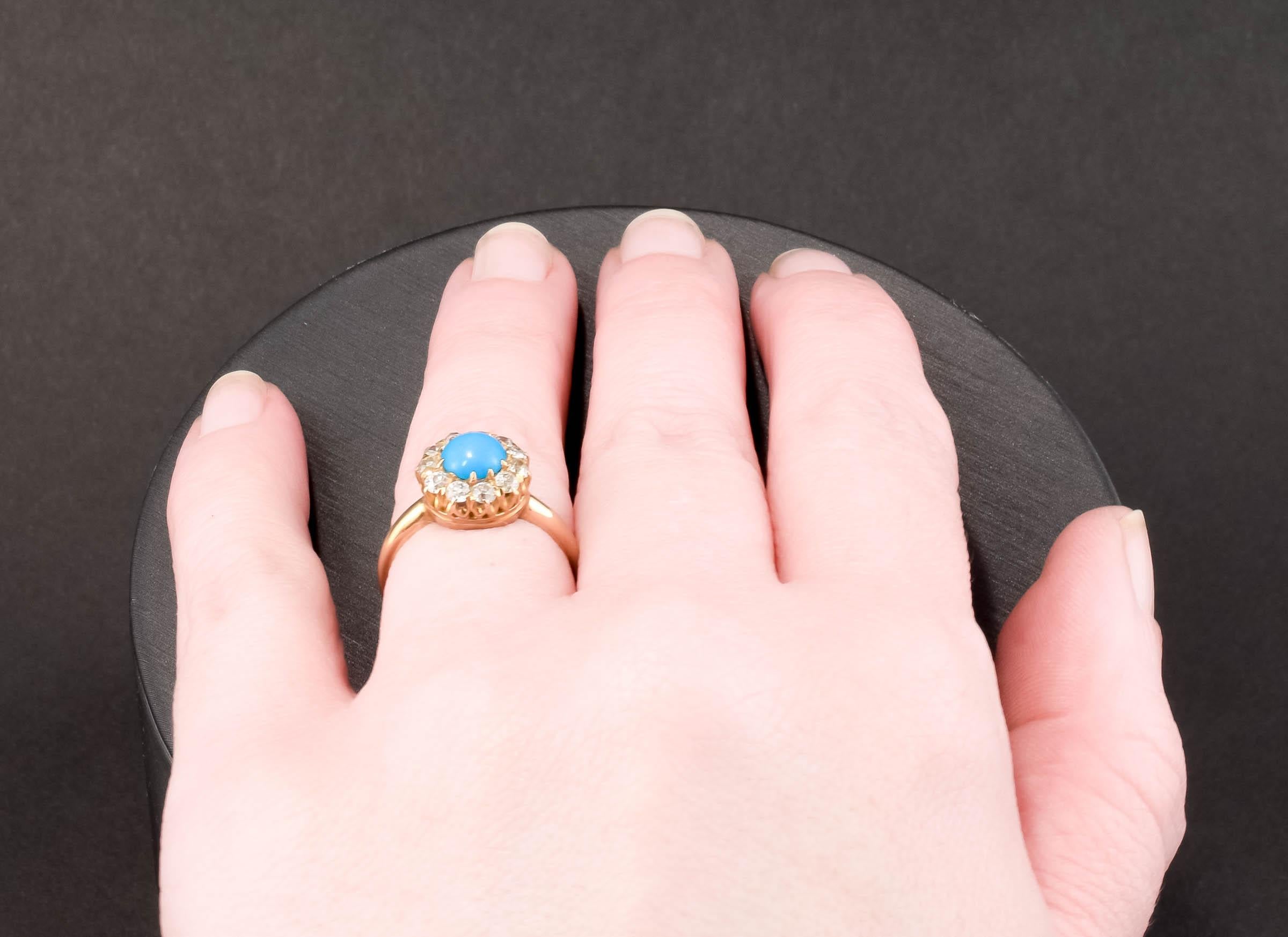 Dainty Antique Turquoise Diamond Halo Ring with Fiery Old Mine Cut Diamonds For Sale 1