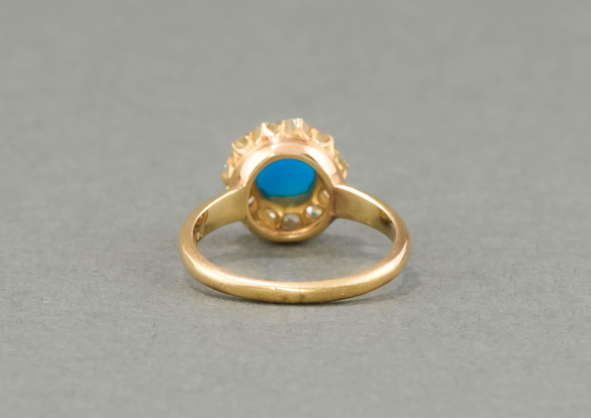 Dainty Antique Turquoise Diamond Halo Ring with Fiery Old Mine Cut Diamonds For Sale 3