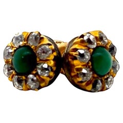 Dainty Vintage Turquoise & Old Mine Cut Diamond Stud Earrings 14K Yellow Gold