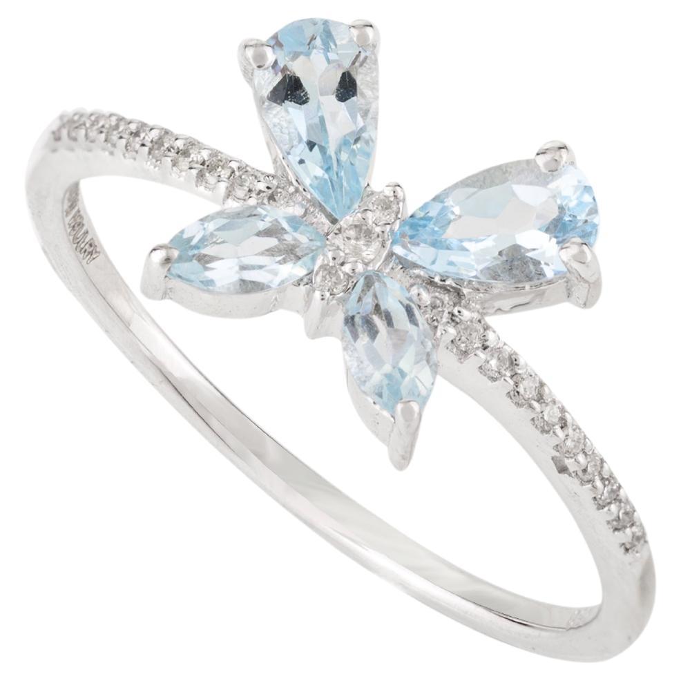 Dainty Aquamarine Diamond Butterfly Ring for Her in 18k White Gold